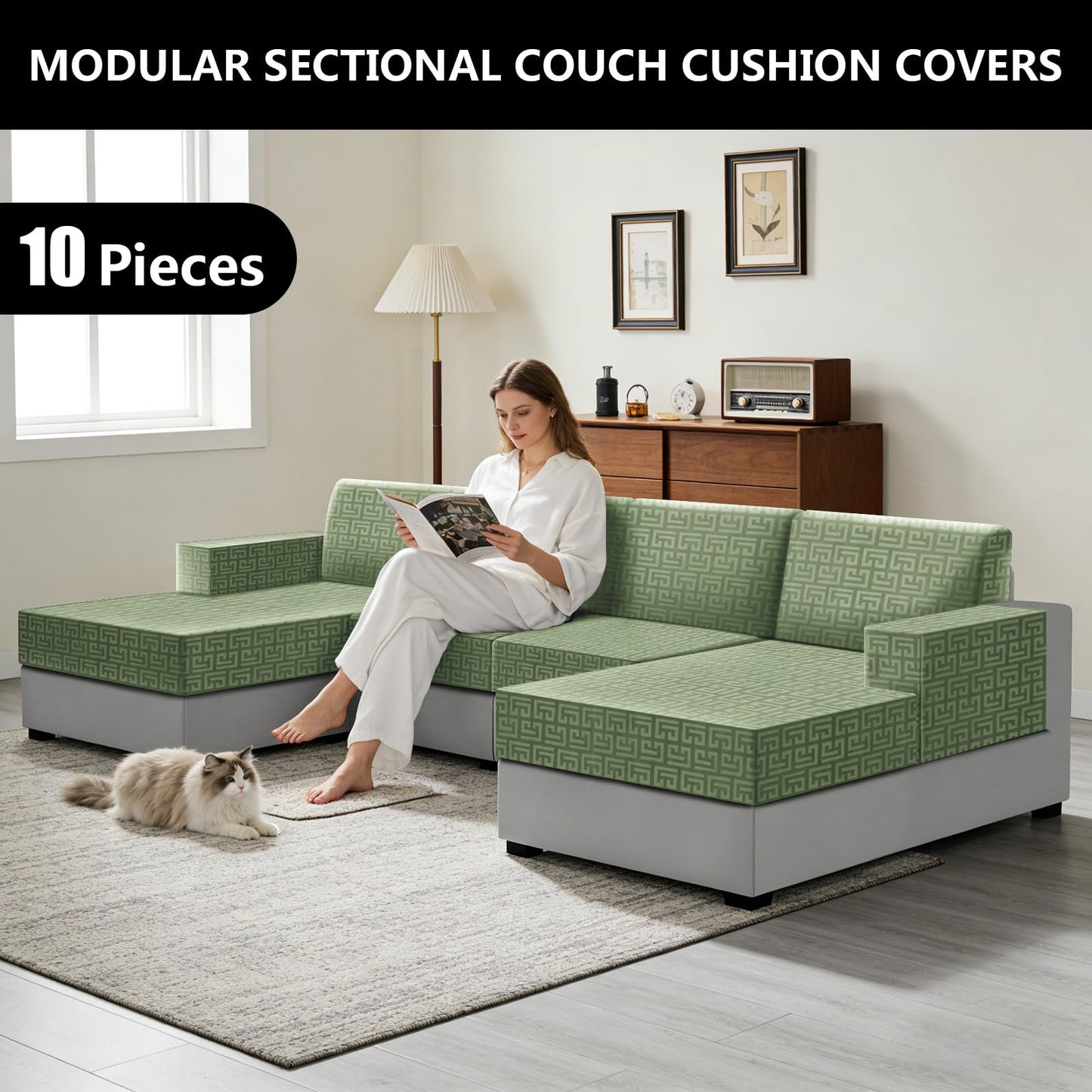 UNBBRRL 10 Pieces Stretch Sofa Cushion Covers for U-Shaped Modular Sectional Couch with 4 Seats+4 Backs+2 Arms, Upholstered Covers for Sofa Bed with Deep Double Chaise (Avocado,10 Pieces Set)