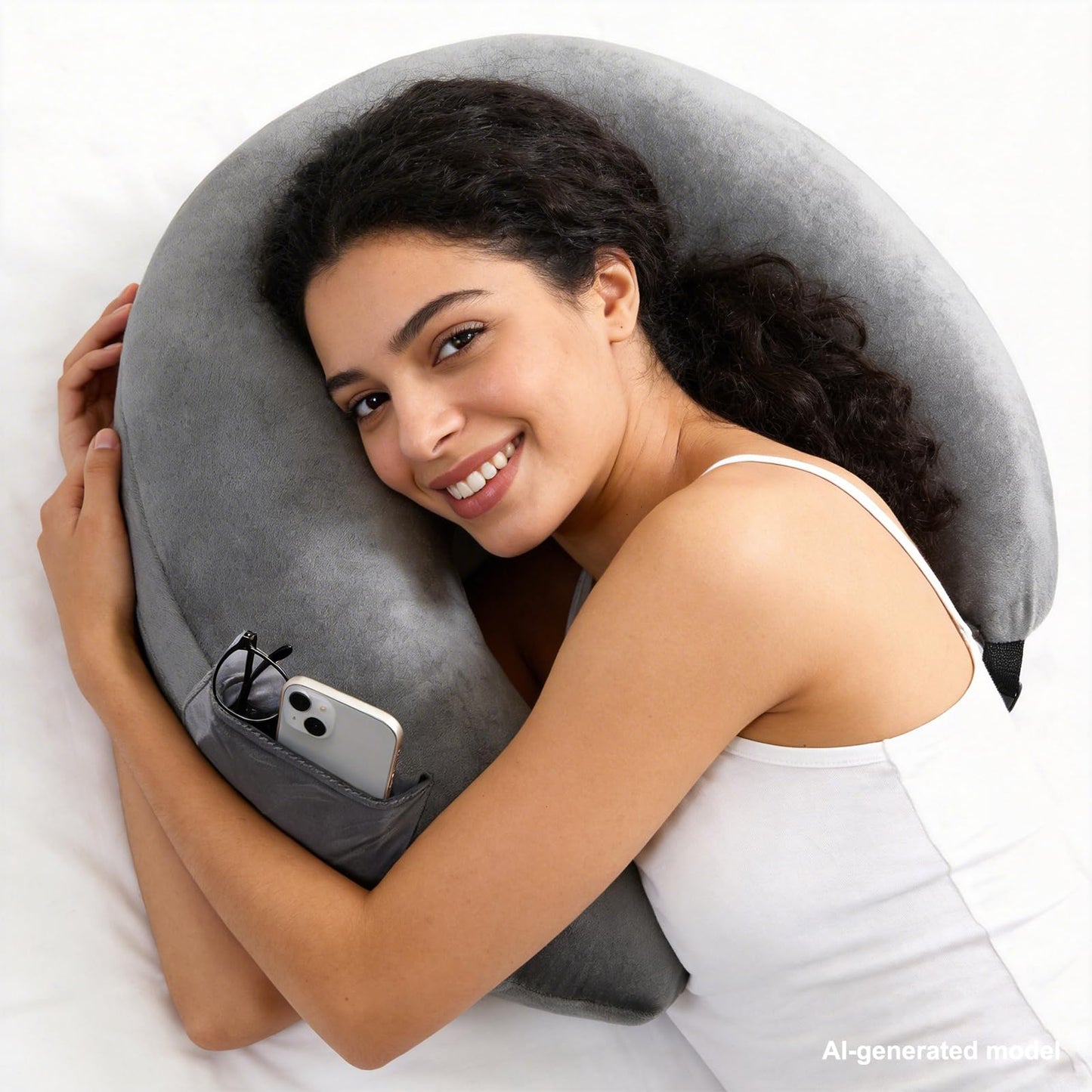 YFYDSMAO Reading Gaming Pillow,Crochet Pillows for Lap Support with Dual Side Pockets, Soft U-Shaped Lap Pillow for Bed Sofa Crocheting,Dark Grey