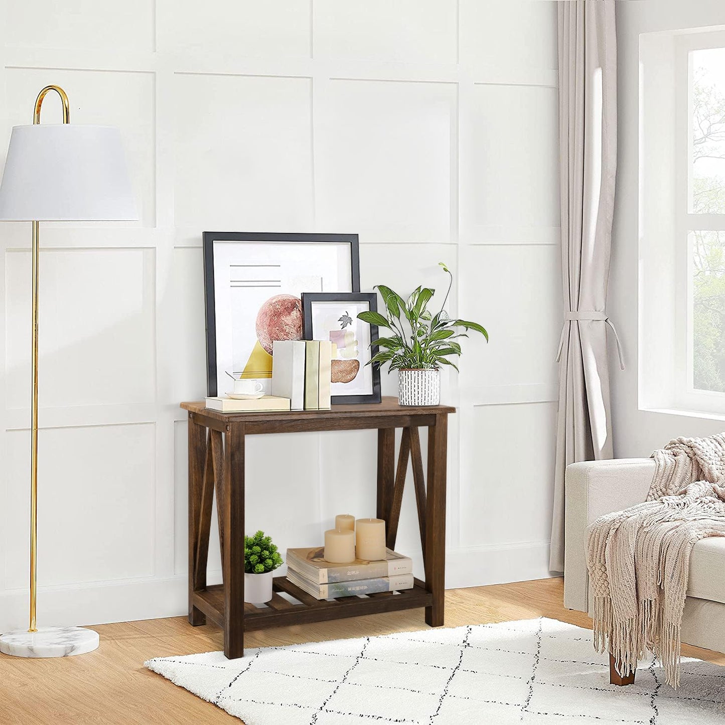 FEUFOAM End Side Table with Storage Shelf Rectangle Narrow Nightstand Console Tables Brown Smooth End Table for Small Spaces Industrial Accent Side Table for Living Room Bathroom Bedroom