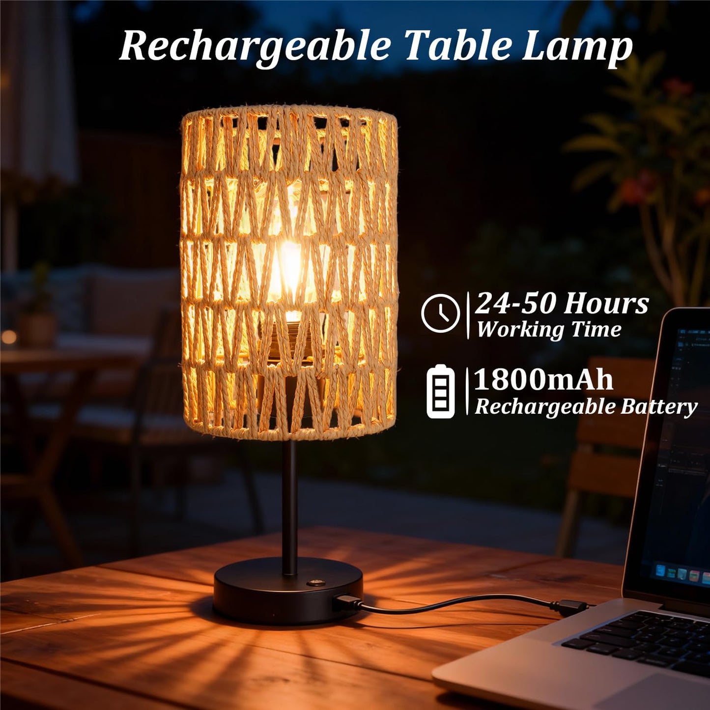 ALL FORTUNE Rechargeable Outdoor Table Lamps, Rattan Boho Cordless Battery Operated Table Lamps, Patio Lamp for Living Room, Balcony, Bedside Decor- Set of 2 (Beige)