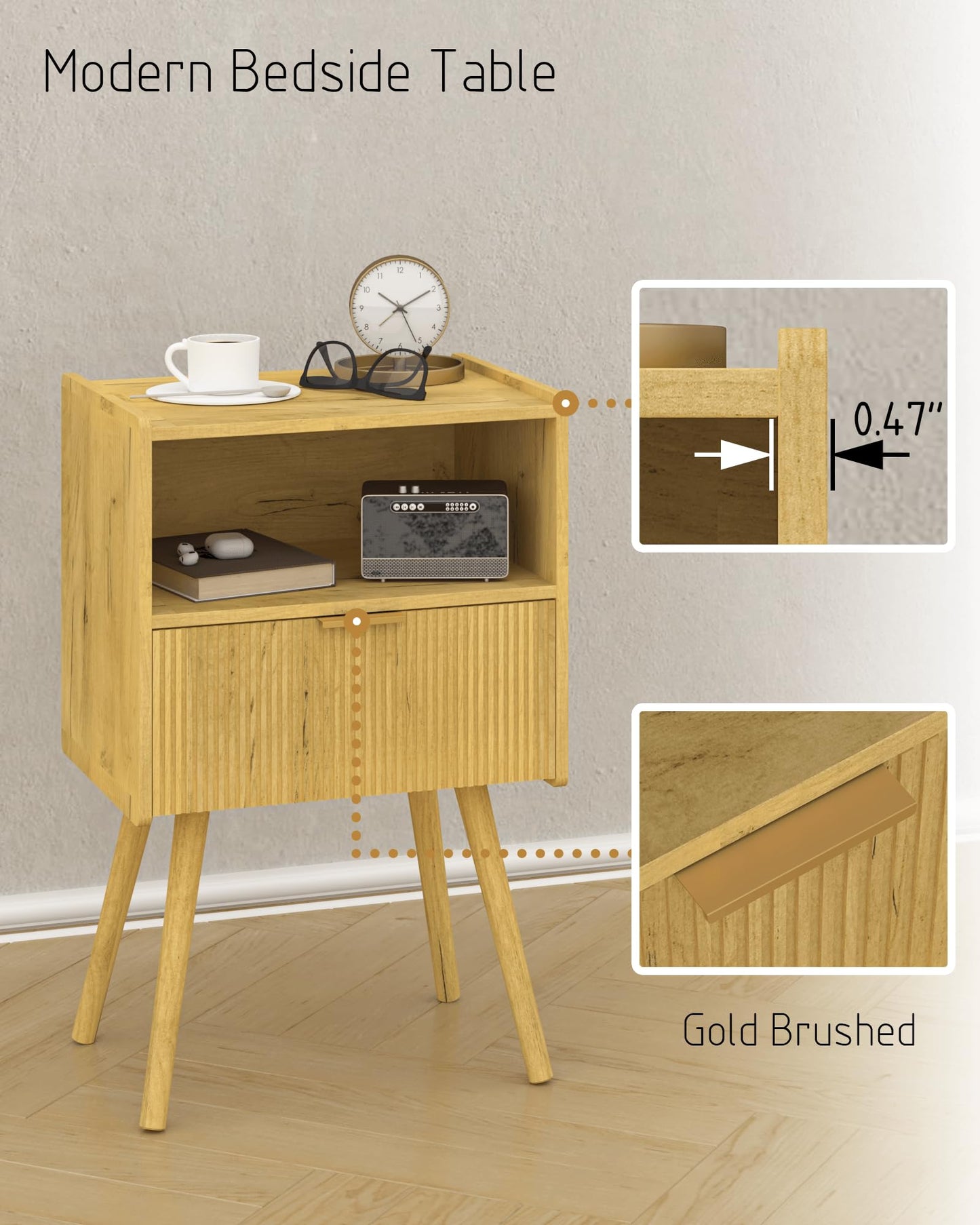 JOONEE Nightstand,Modern Bedside Table with Storage Drawer and Open Wood Shelf, for Living Room, Bedroom and Small Spaces, Accent Night Stand with Solid Wood Legs, Easy Assembly,Vintage Yellow Oak