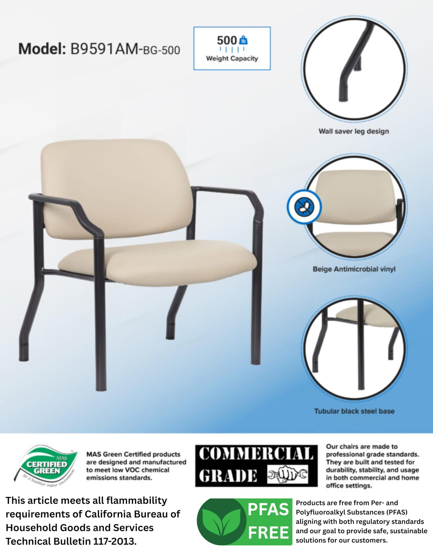 Boss Office Products Guest Chair, Vinyl, 500 lb. Weight Capacity in Beige