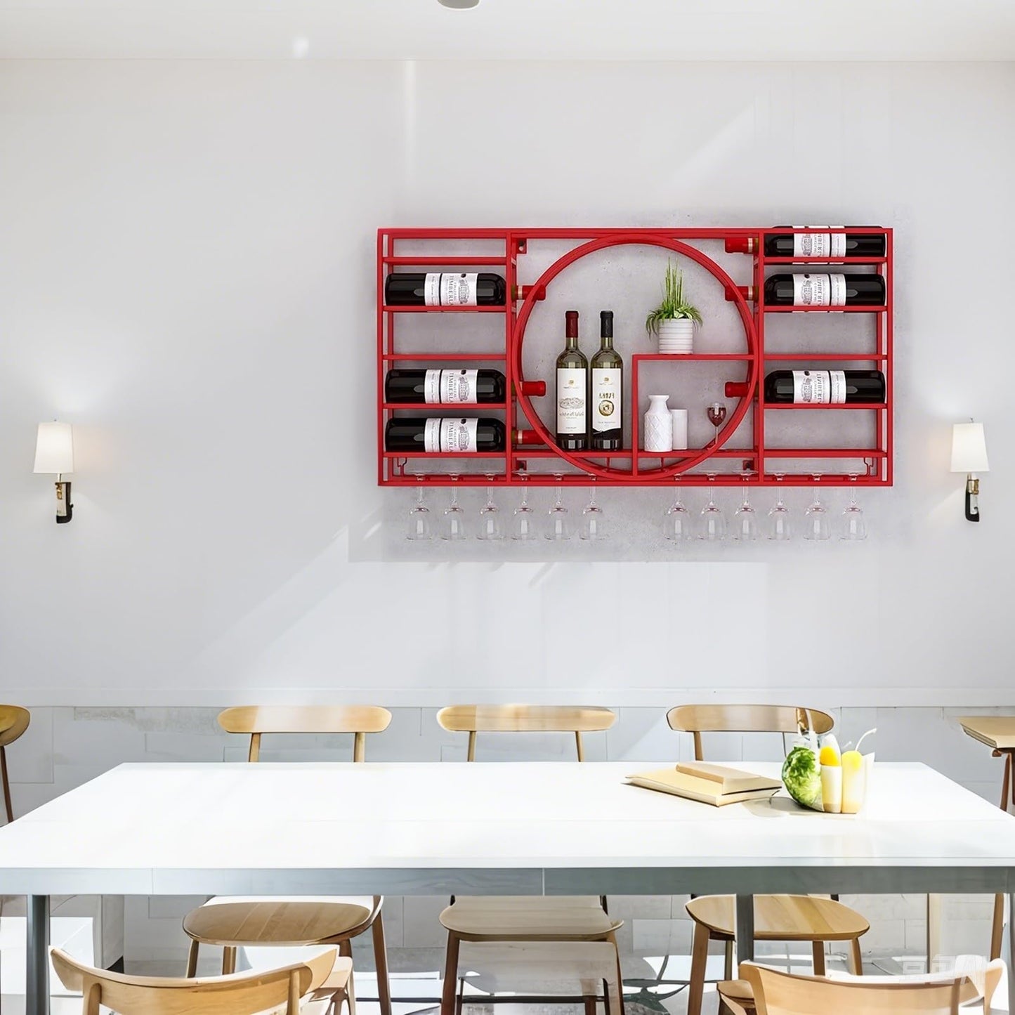 Stylish Industrial Wall Mounted Wine Rack with Floating Shelves & Stemware Hanger - Perfect Wine Storage Solution for Home Bar, Kitchen & Dining Room (Red 47.3"x4.3"x28.3")