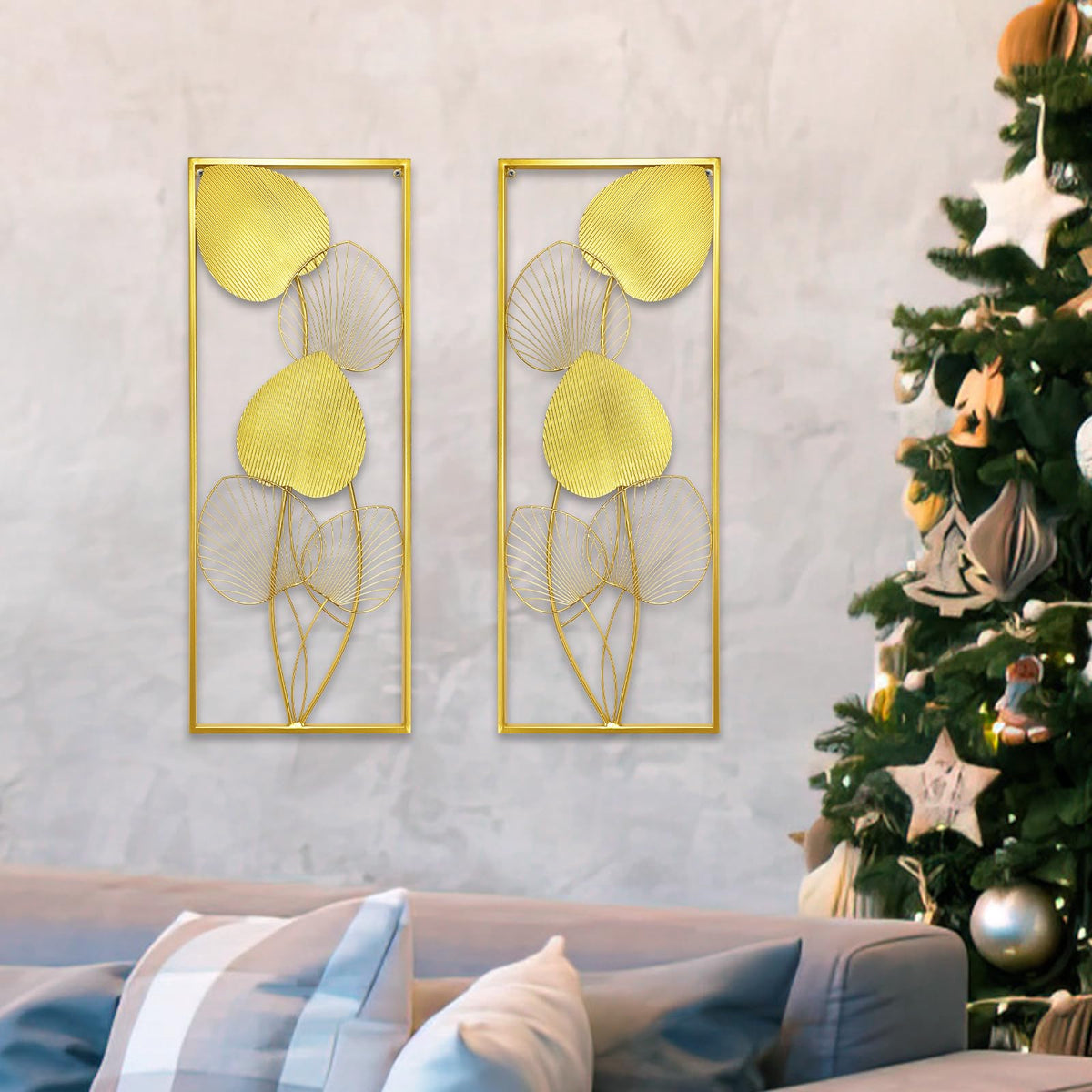 XUANYUQL 2 Pieces Metallic Leaves Wall Decors Luxury Golden Metal Art Wall Sculptures 32" X 12" Modern Wall Hanging Sculptures with Frame for Bedroom Living Room Kitchen Dining Room Office