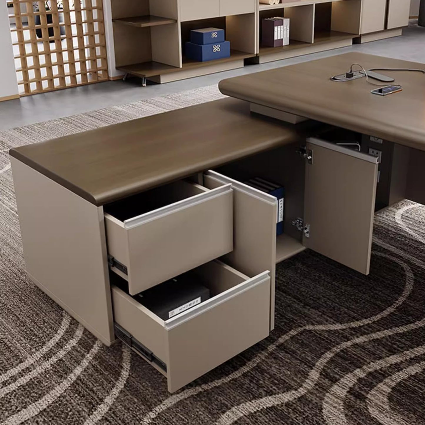 LSIGHTUS Wood L-Shaped Executive Office Desk, Computer Desk Modern Computer Desk with Lateral Cabinet Business Furniture Set for CEO Boss