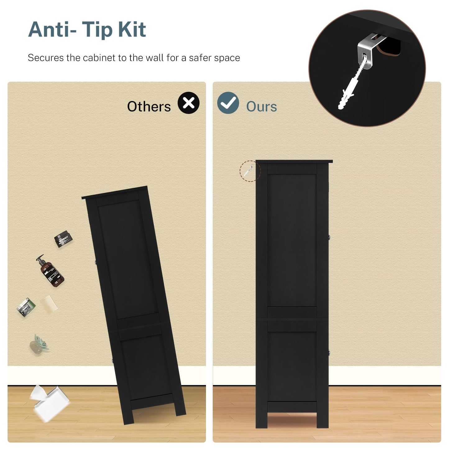 TEENFON Storage Cabinet with 4 Doors, Kitchen Cabinet with 6 Door Shelves, Kitchen Pantry for Living Room, Dining Room, Bathroom, Black