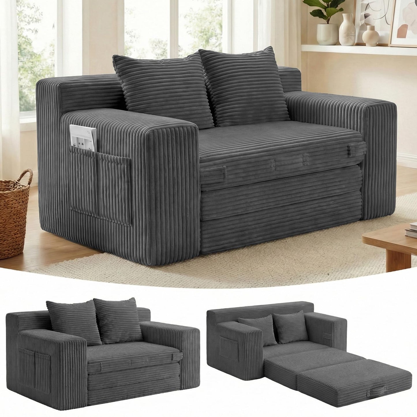 Boneless Couch,Boneless Loveseat Sleeper Sofa Bed – 3-in-1 Convertible Couch Bed with Side Pockets & Handle,Pull Out Corduroy Futon for Small Space,Living Room & Bedroom,2 Pillows Included,No Assembly