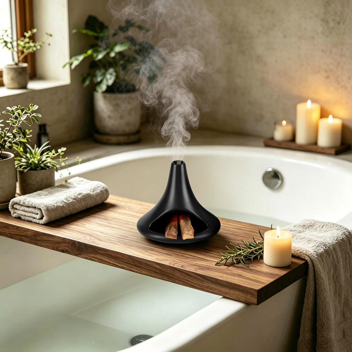 Ceramic Palo Santo Holder Chiminea Shape Burner, Mini Smudge Bowl with Ash Catcher for Incense Cones & Candles, Palo Santo Sticks, for Meditation, Yoga, Cleansing Ceremony, Handmade (Matte Black)