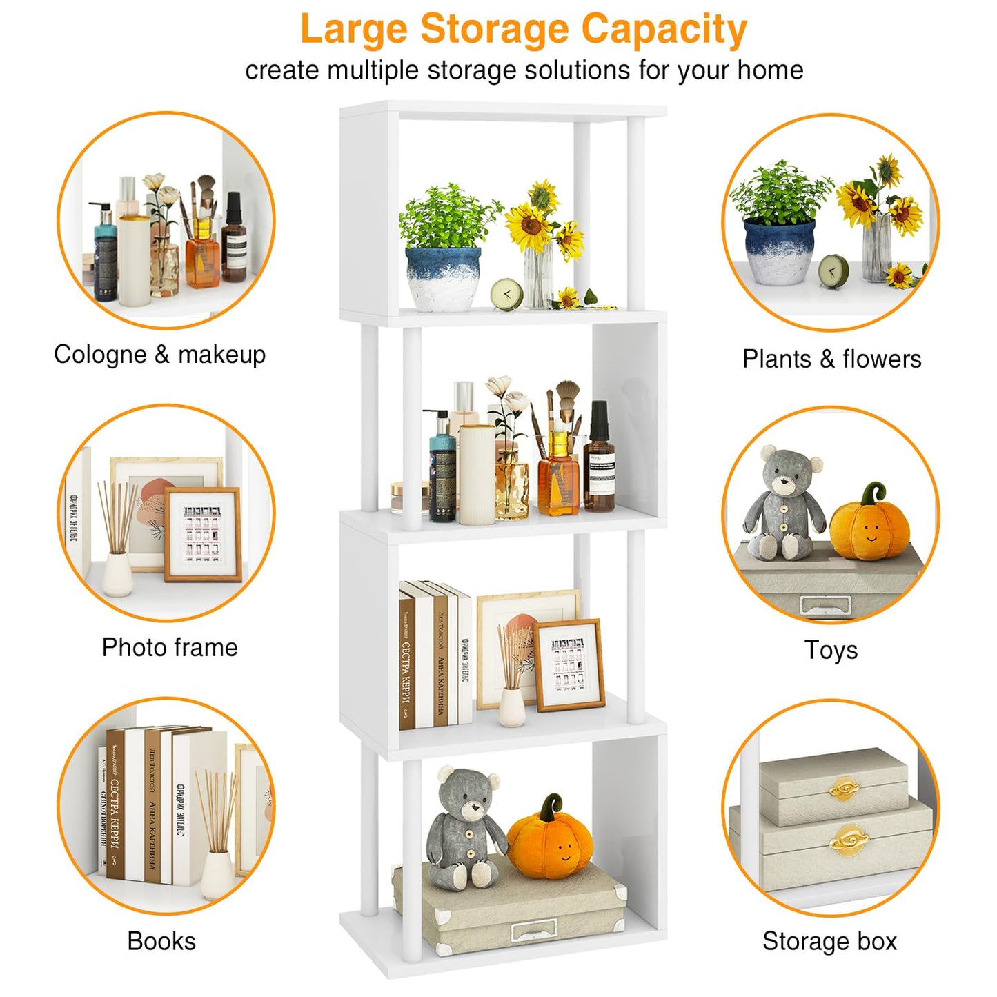 IBUYKE 5-Tier Tall Bookshelf,S-Shaped Geometric Bookcase, Wood Display Shelves with Storage,Modern Bookshelf for Living Room Bedroom, Home Office, White WBC015W