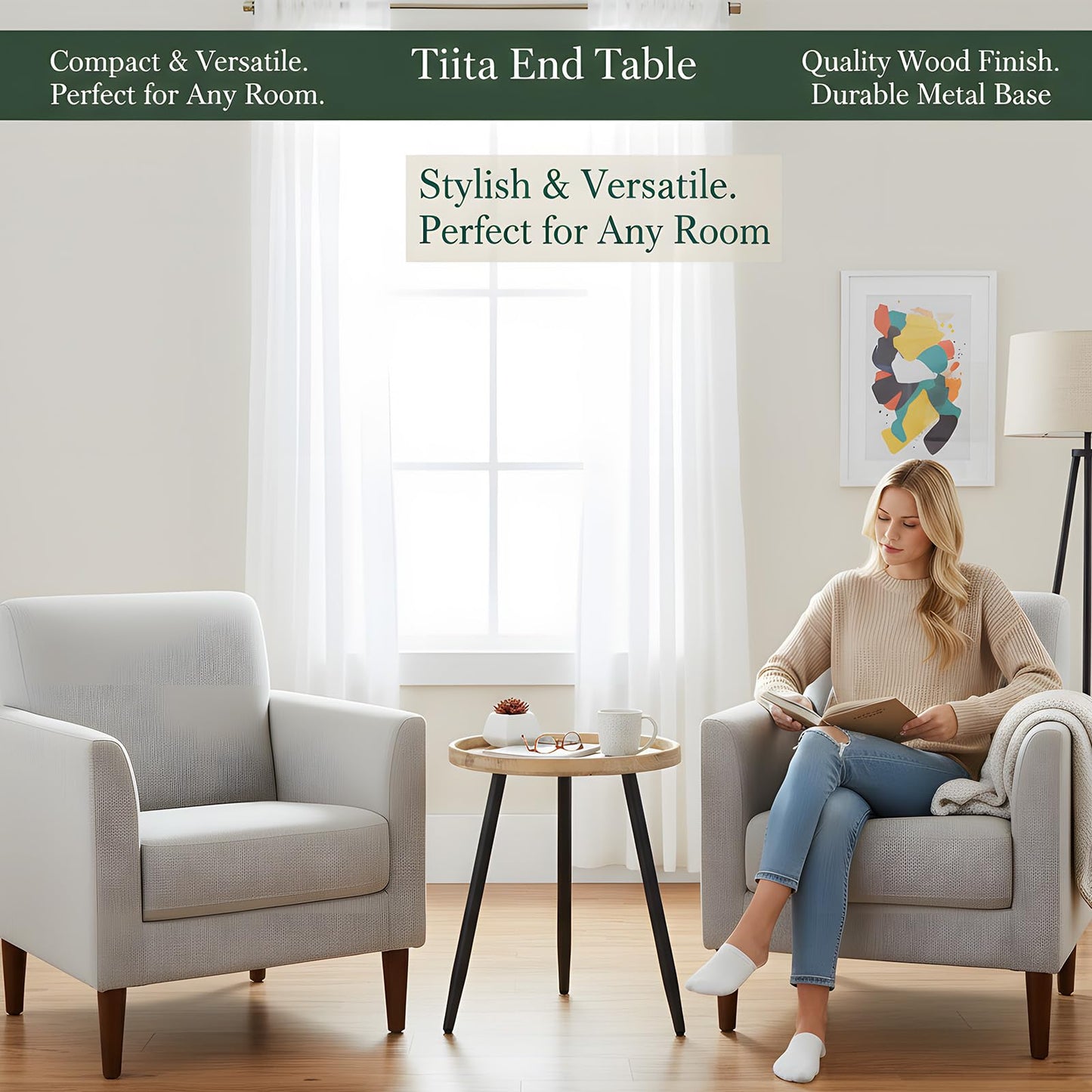 Tiita Round End Table Mental Side Table Nightstand/Small Wood Tables Accent Coffee Table with Wooden Tray for Living Room Bedroom Office Small Space