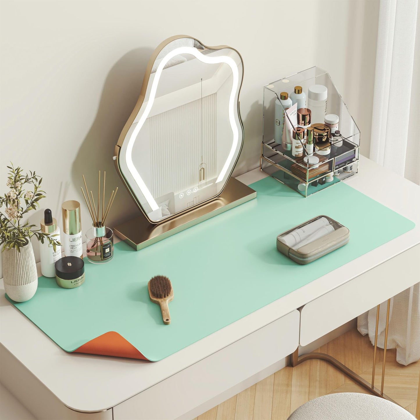DAWNTREES Makeup Mat for Vanity,27.6"x13.8",Dual-Sided Leather Vanity Mat, Waterproof Oilproof & Easy to Clean, Green Desk Protector for Dressing Table