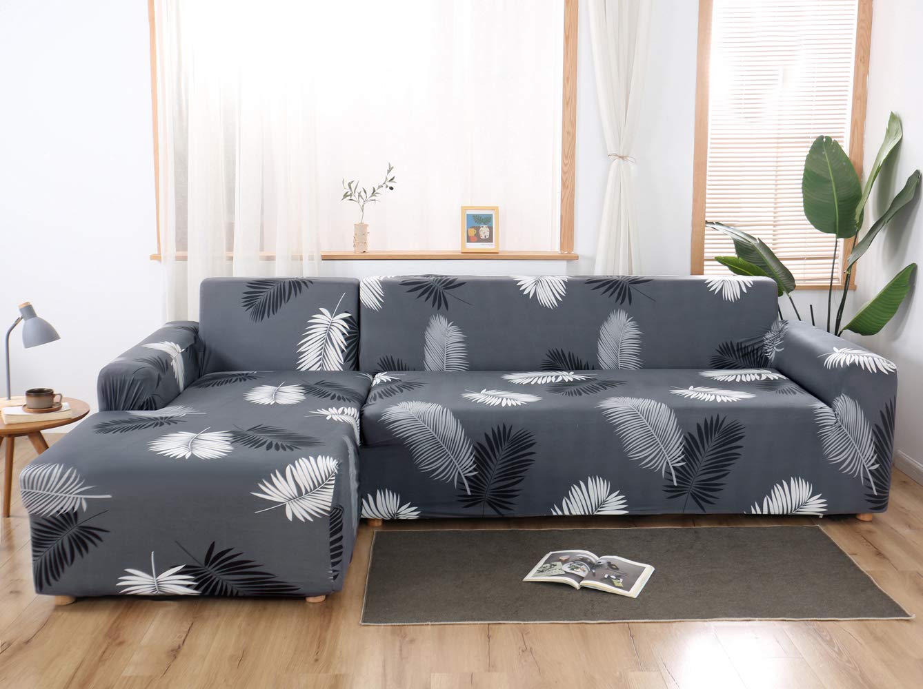 MIFXIN Sectional Sofa Covers L Shape Couch Slipcover 2 Piece Stretch Elastic L-Type Chaise Sectional Sofa Couch Furniture Protector for Living Room Pets Kids (Grey Black)