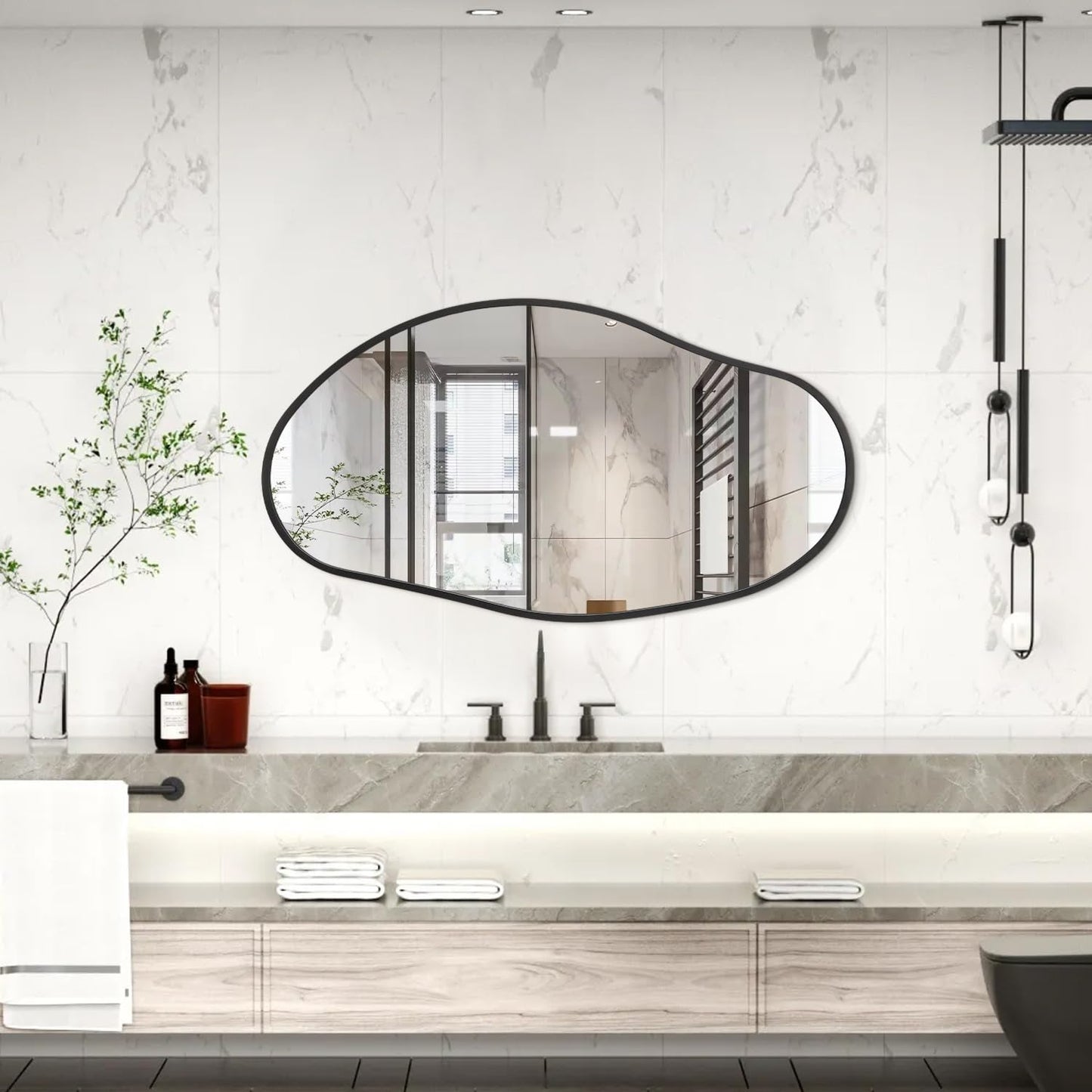 HLFMVWE Irregular Wall Mirror, Black Wall Mirrors Decorative 30"x18" Asymmetrical Bathroom Mirrors Aluminum Alloy Frame for Bedroom, Living Room, Cloakroom, Entryway Large
