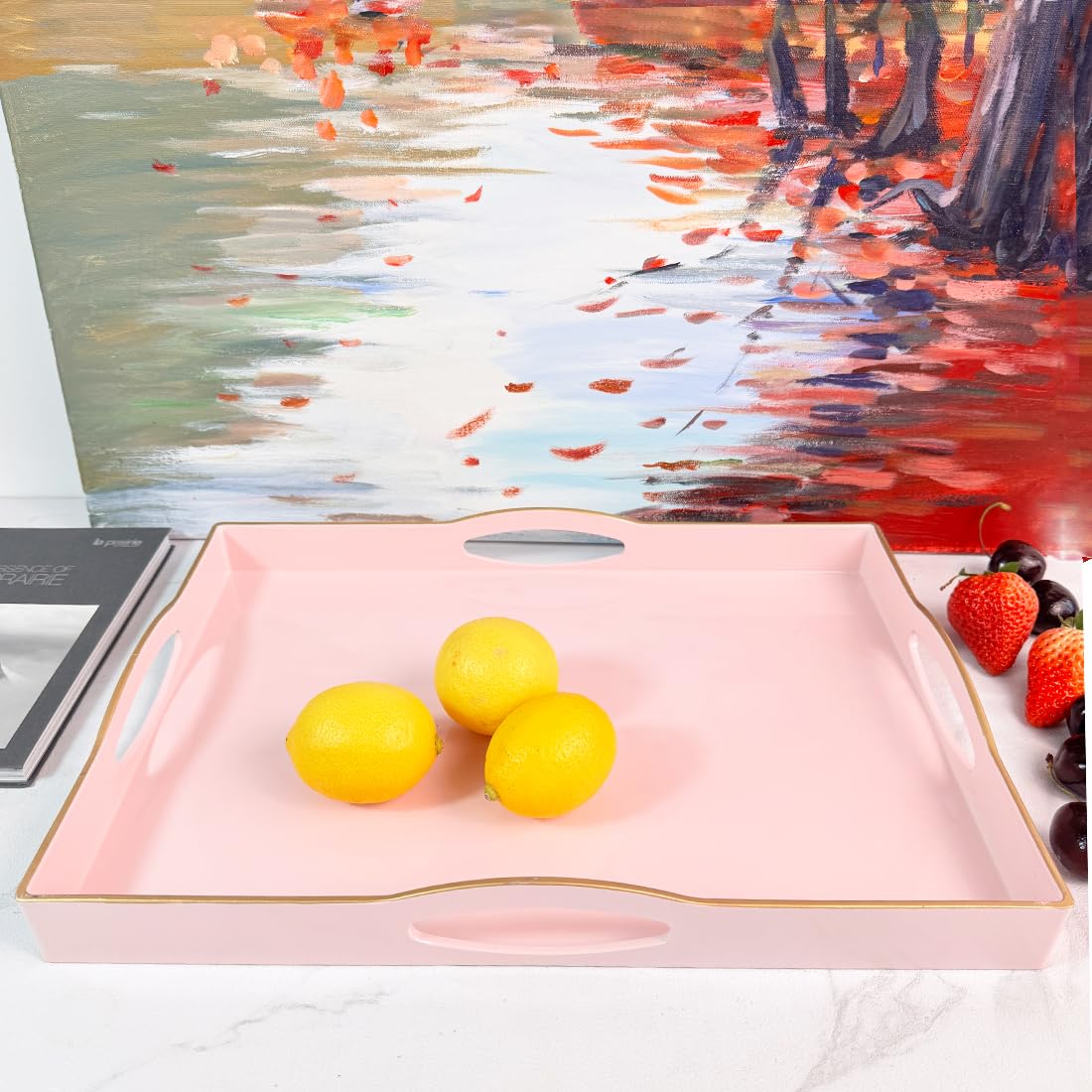 Umisriro Pink Serving Tray with 4 Handles, Plastic Decorative Tray for Coffee Table, Ottoman - Ideal for Living Room & Bathroom. 15” x 11” x 1.9”