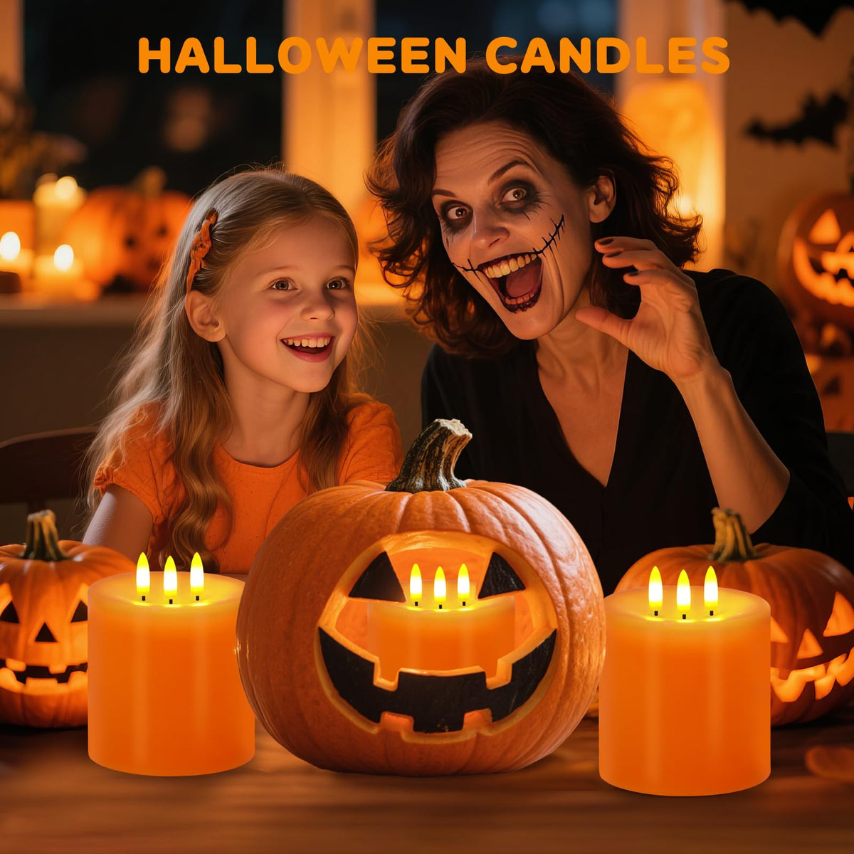 Large 3 Wick Flameless Candles, 4"x4" Flickering LED Candles with Remote & Timer, Dimmable Real Wax Pillar Candles Battery Operated, Orange Candles for Fall Thanksgiving Halloween Decor (Orange)