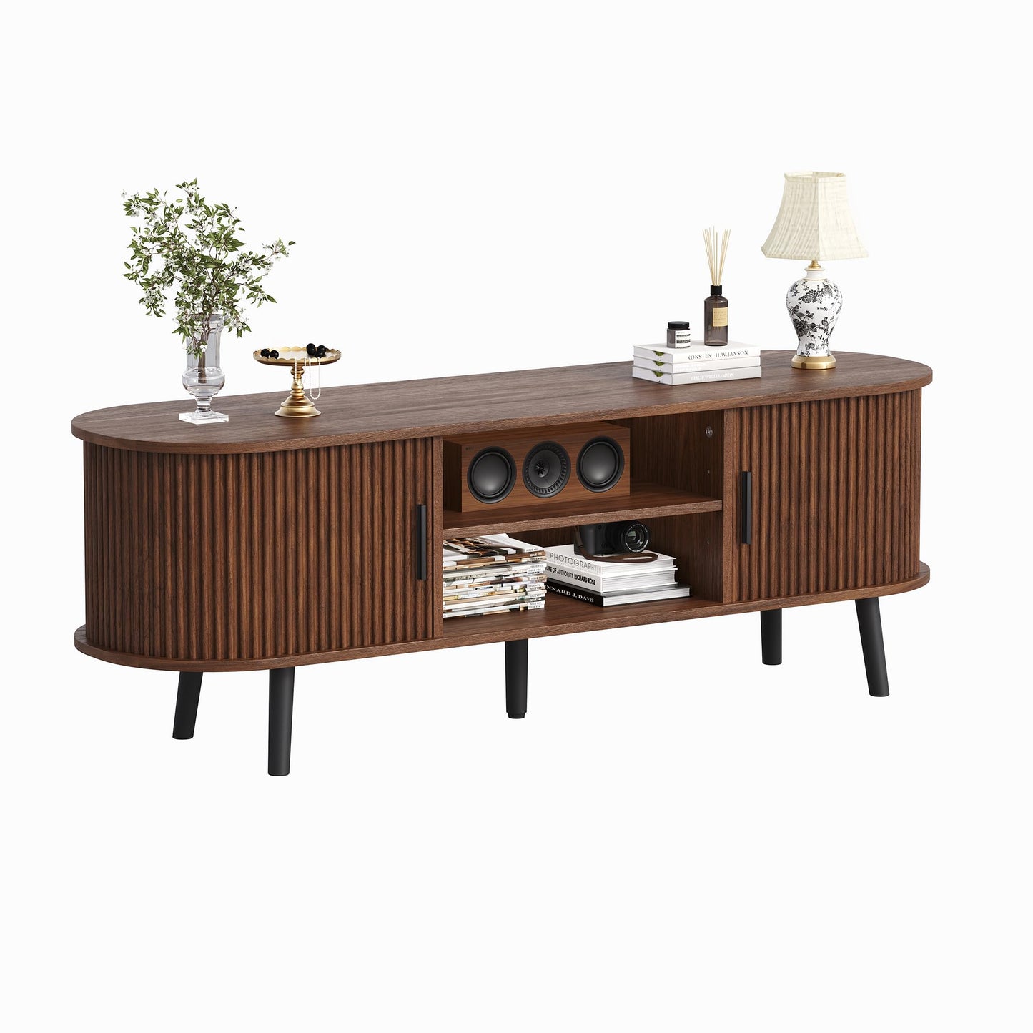 ChooChoo Mid Century Modern TV Stand for TVs up to 60 Inch, Entertainment Center with Fluted Sliding Doors and Hidden Storage, TV Console with Adjustable Shelf for Living Room, Bedroom, Walnut