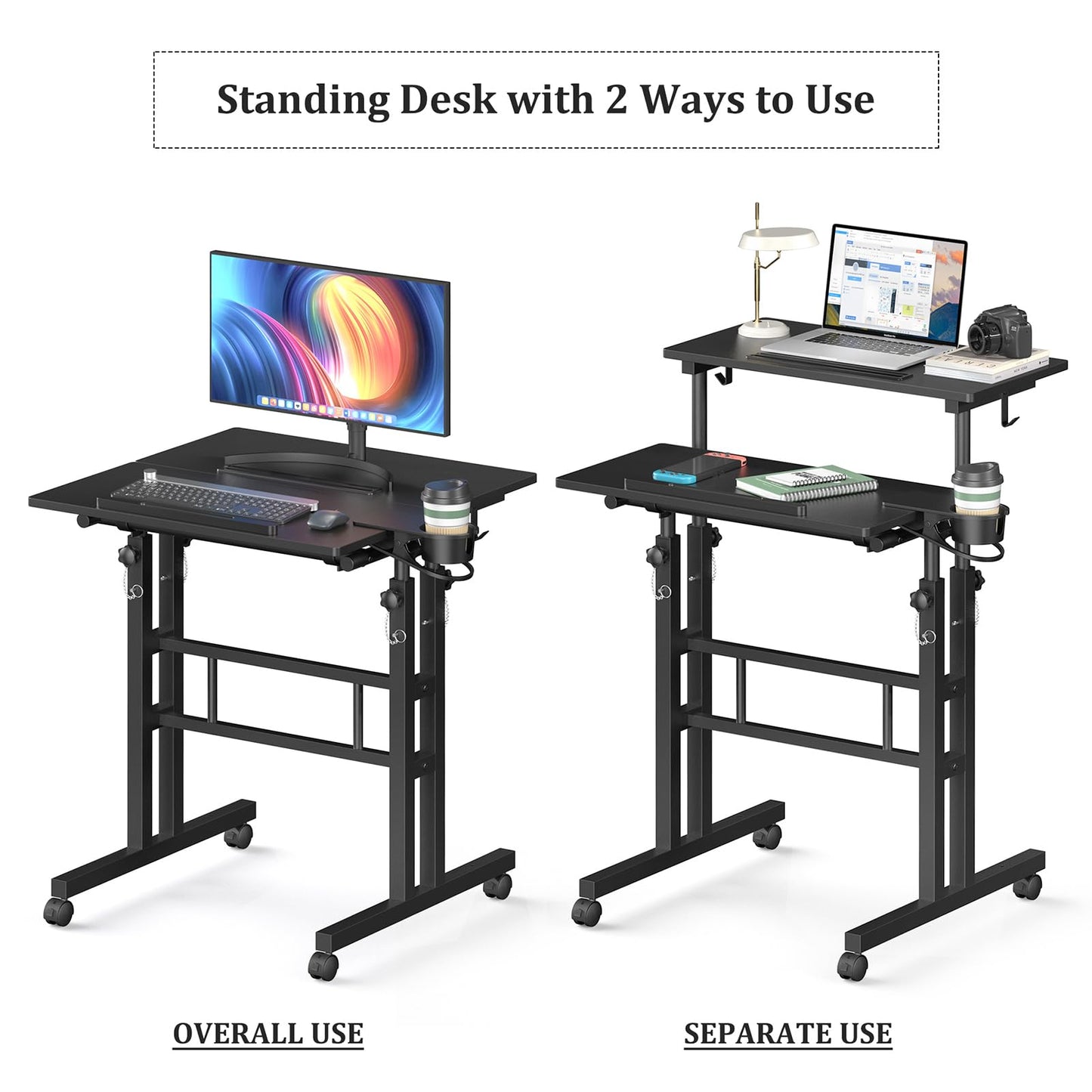 Enayplon Small Standing Desk with Wheels, Mobile Stand Up Desk, Portable Standing Table on Wheels for Walking Pad, Rolling Computer Desk Adjustable Height, Tall Table