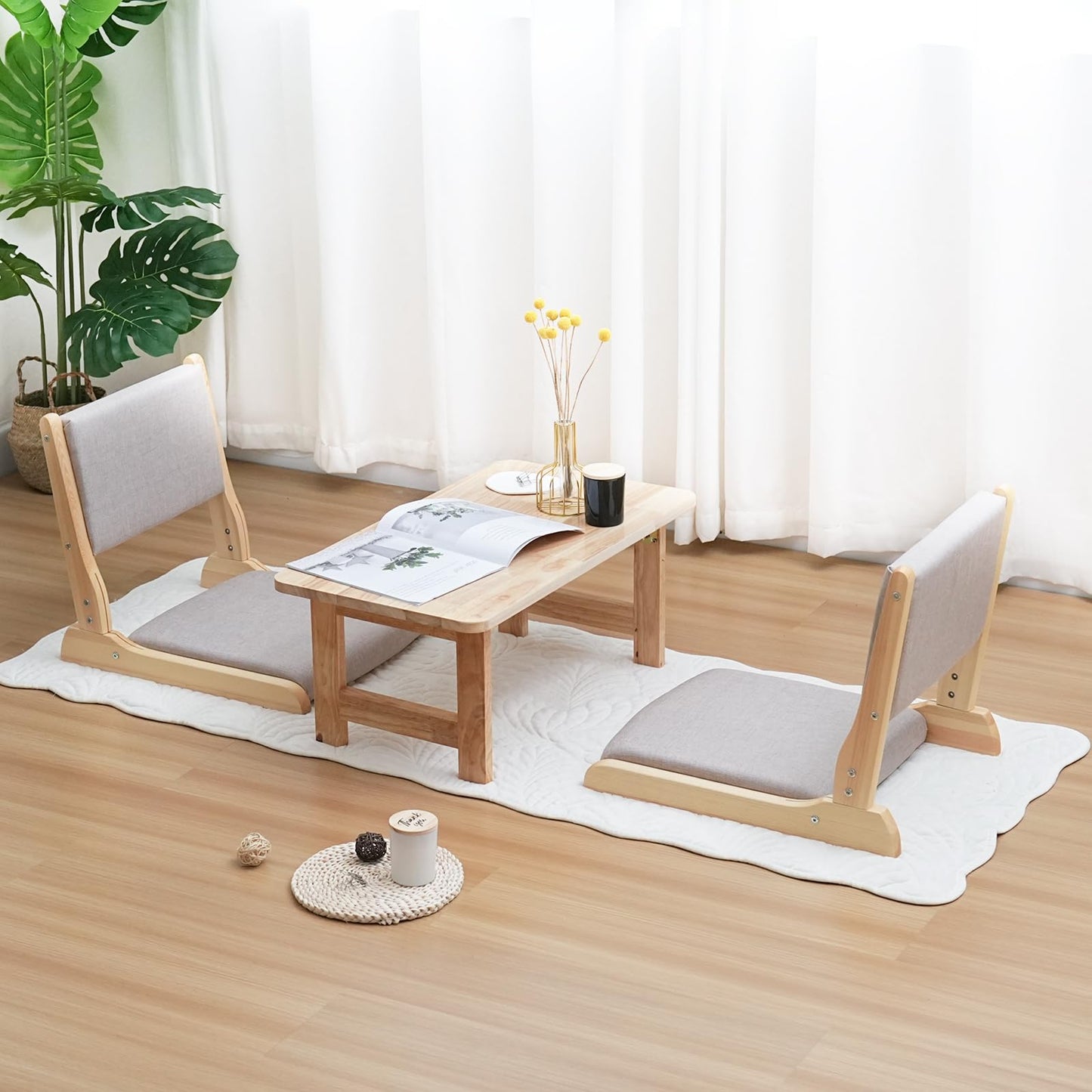 YOUKEEJOJO Japanese Floor Chair with Back Support, Foldable Meditation Chair, Legless Tatami Chair with Cushion, Floor Seat for Living Room, Bedroom, Bay Window (1, Gray)