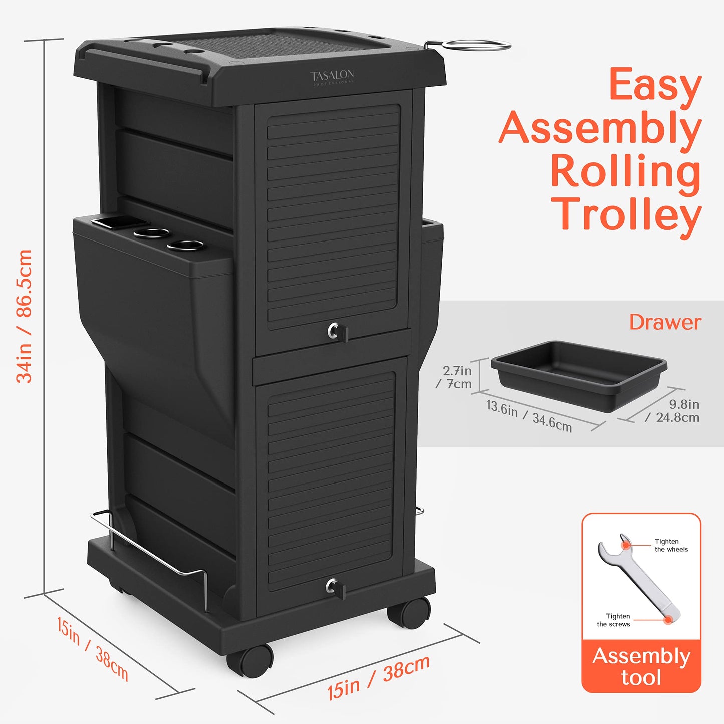 TASALON Professional Salon Trolley Cart, Lockable 6 Trays & 2 Holders, Space Saving Mobile Storage for Hair Salon and Beauty Station - Black