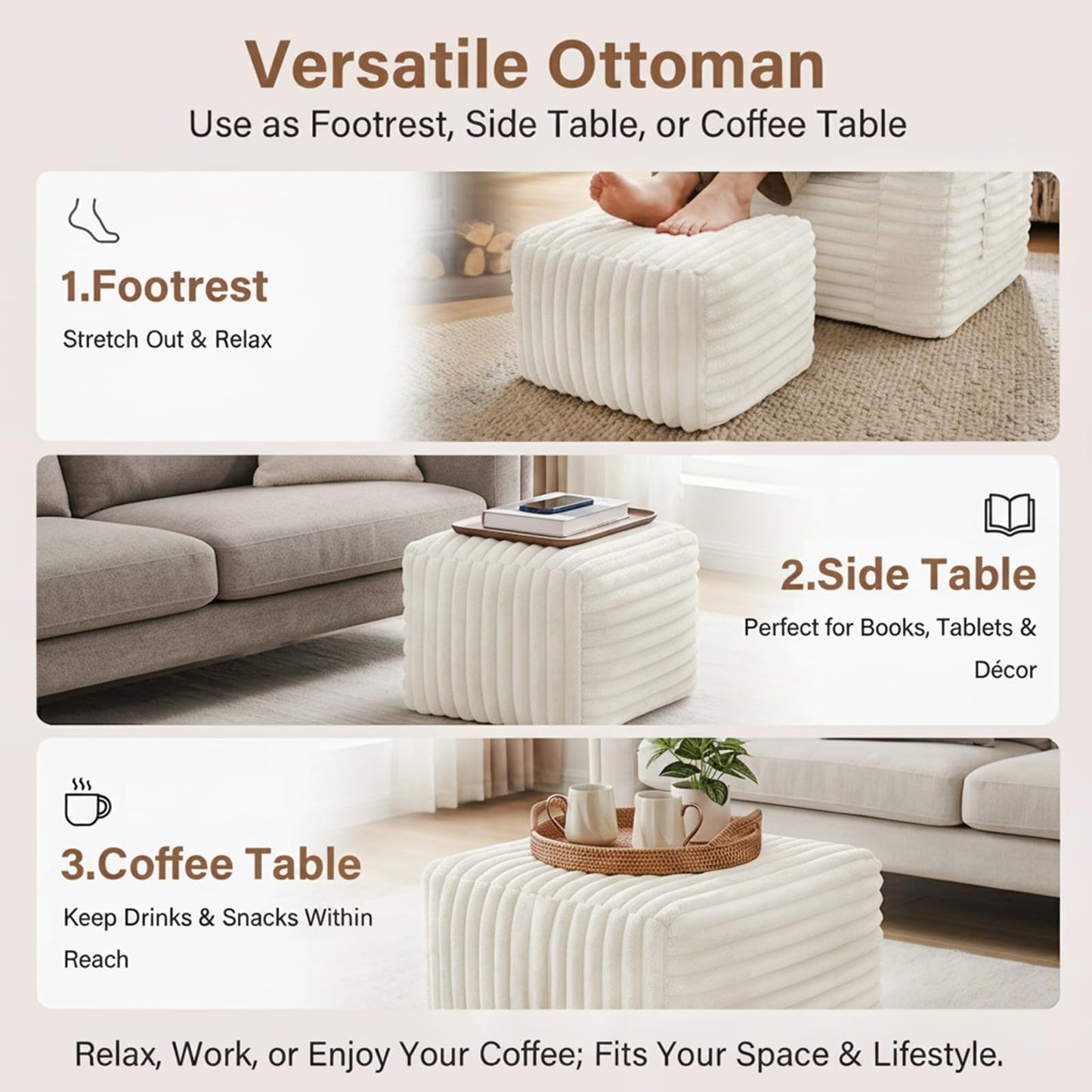 Tiita Bean Bag Chair with Footrest for Adults, Foam Lounge Chair with Back Support and Armrests, Soft Corduroy Cover, Removable Washable Sofa Chair for Reading, Gaming, Beige