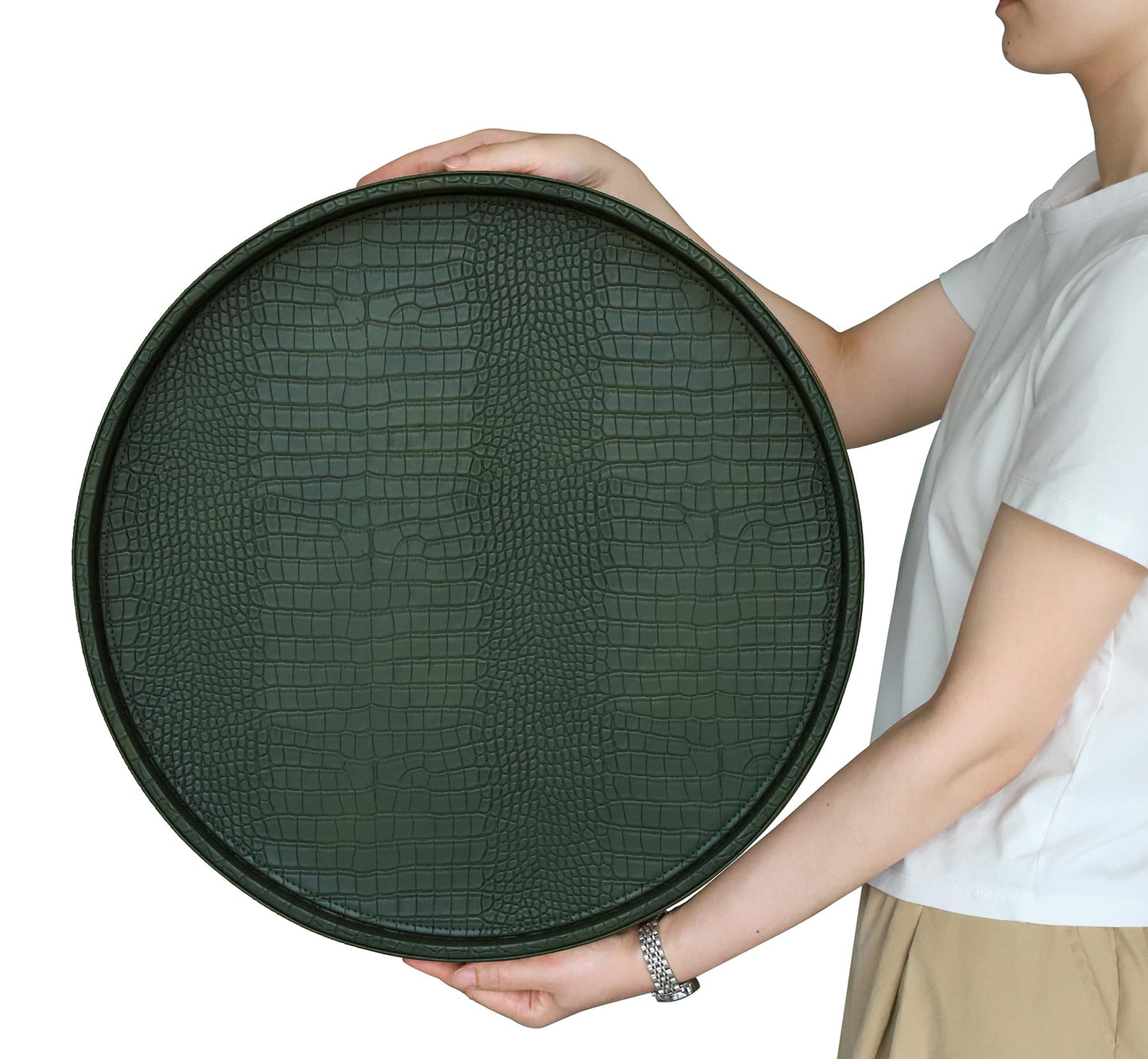 HofferRuffer Round Serving Tray 20'', Elegant Faux Leather Circle Ottoman Table Tray, Serve Tea Coffee Breakfast in Bedroom Living Room Kitchen(Green, 20")