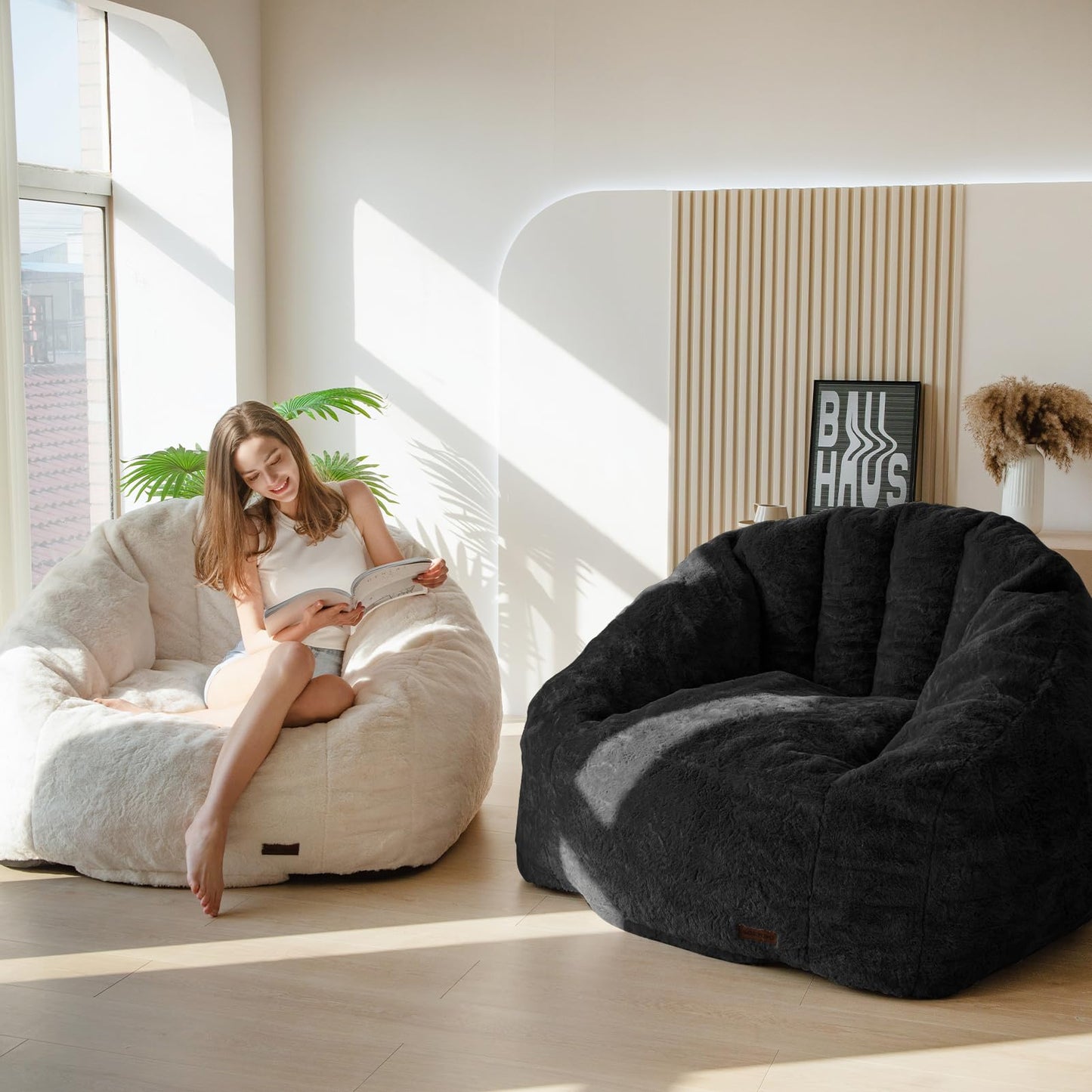 MAXYOYO Giant Bean Bag Chair, Oversized Bean Bag Couch for Adults and Kids, Faux Fur Shell-Shaped Large Chair with Filler, Stuffed Big Accent Sofa Lounge Floor Sofa for Gaming, Reading, Black