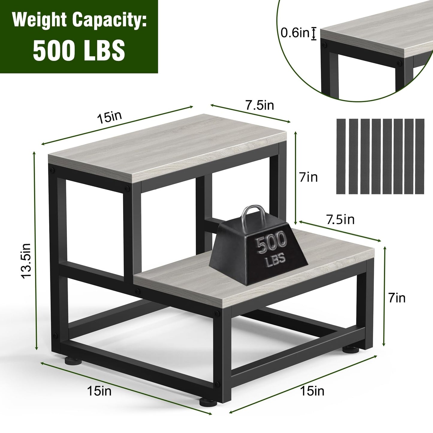 LIANTRAL Step Stool for Adults & Kids, Heavy Duty Wooden Stepping Stools, Bedside Foot Stool with 500lbs Load Capacity, Non-Slip 2 Step Stool for Bed, Kitchen, RV - Gray