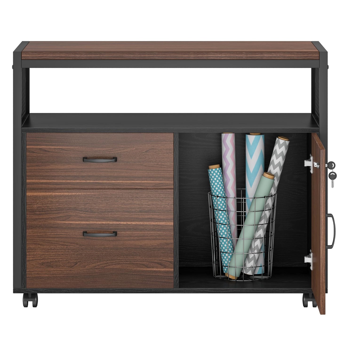 Tribesigns Modern File Cabinet with Drawers for Letter-Sized File and Door, Lockable lateral Filing Cabinet Printer Stand with Storage Shelves and with Rolling Caster for Home Office (Dark Walnut)