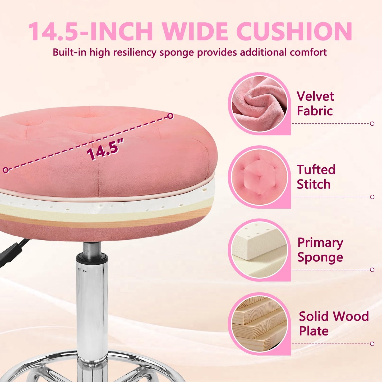 KLASIKA Velet Rolling Bar Stool with Wheels, Tall Drafting Stool with Adjustable Height and Footrest, Multi-Purpose Office Desk Chair for Home Kitchen Shop Work, Pink (1PK)