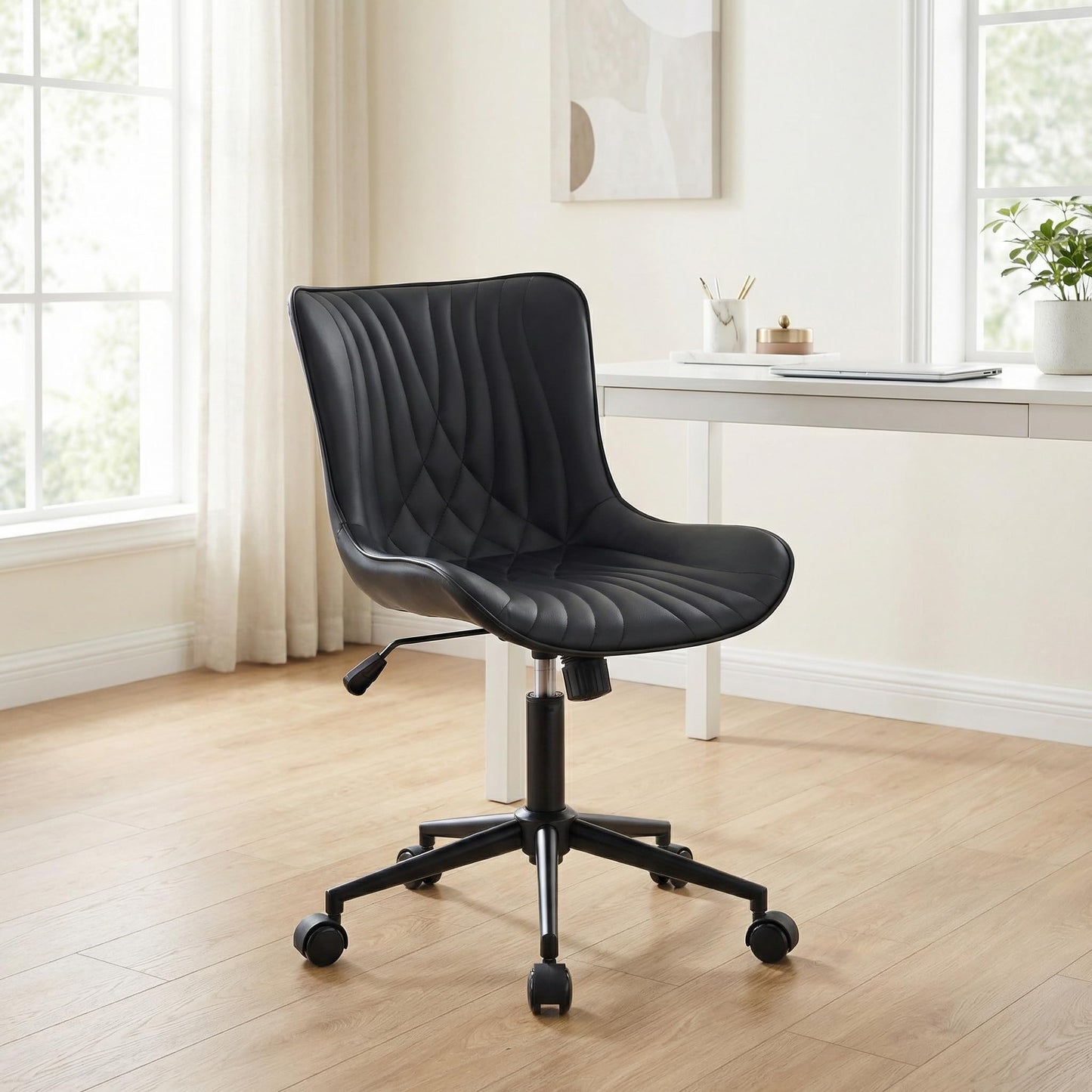 YOUNIKE Office Chair, Armless Desk Chair with Wheels, Home Office Computer Task Chairs, Modern Faux Leather Padded Vanity Chair, Adjustable Swivel Rocking Chair with Back, Black