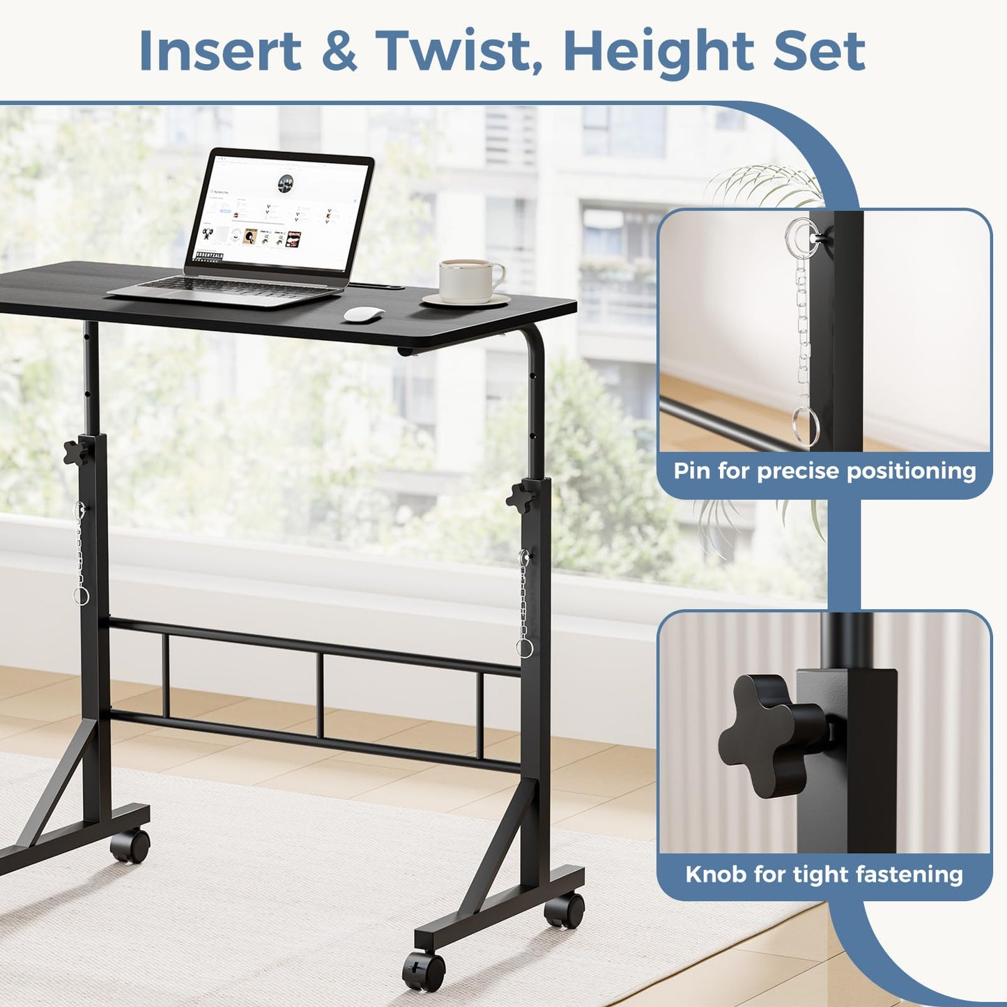 DUMOS 31.5" Adjustable Height Mobile Desk with Locking Wheels & Pin-Lock, Portable Workstation for Walking Pad & Active Home Office, Small Bedroom Desk, Black