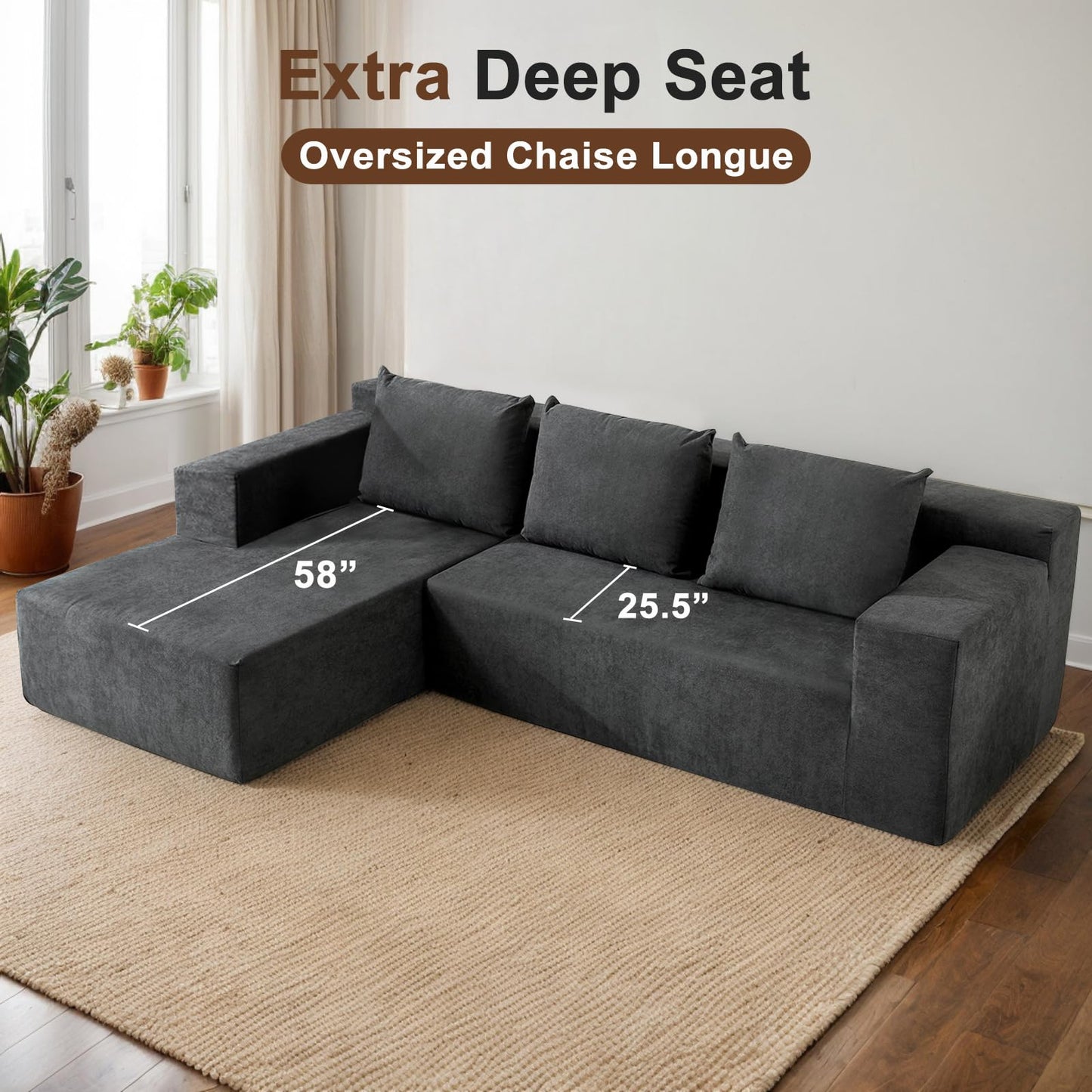 Nigoone 103" Cloud Sectional Couches for Living Room, Boneless Couch with Chaise, Modern Minimalist Modular Couch, Free Combination Deep Seat Corner, No Assembly Required, Dark Grey