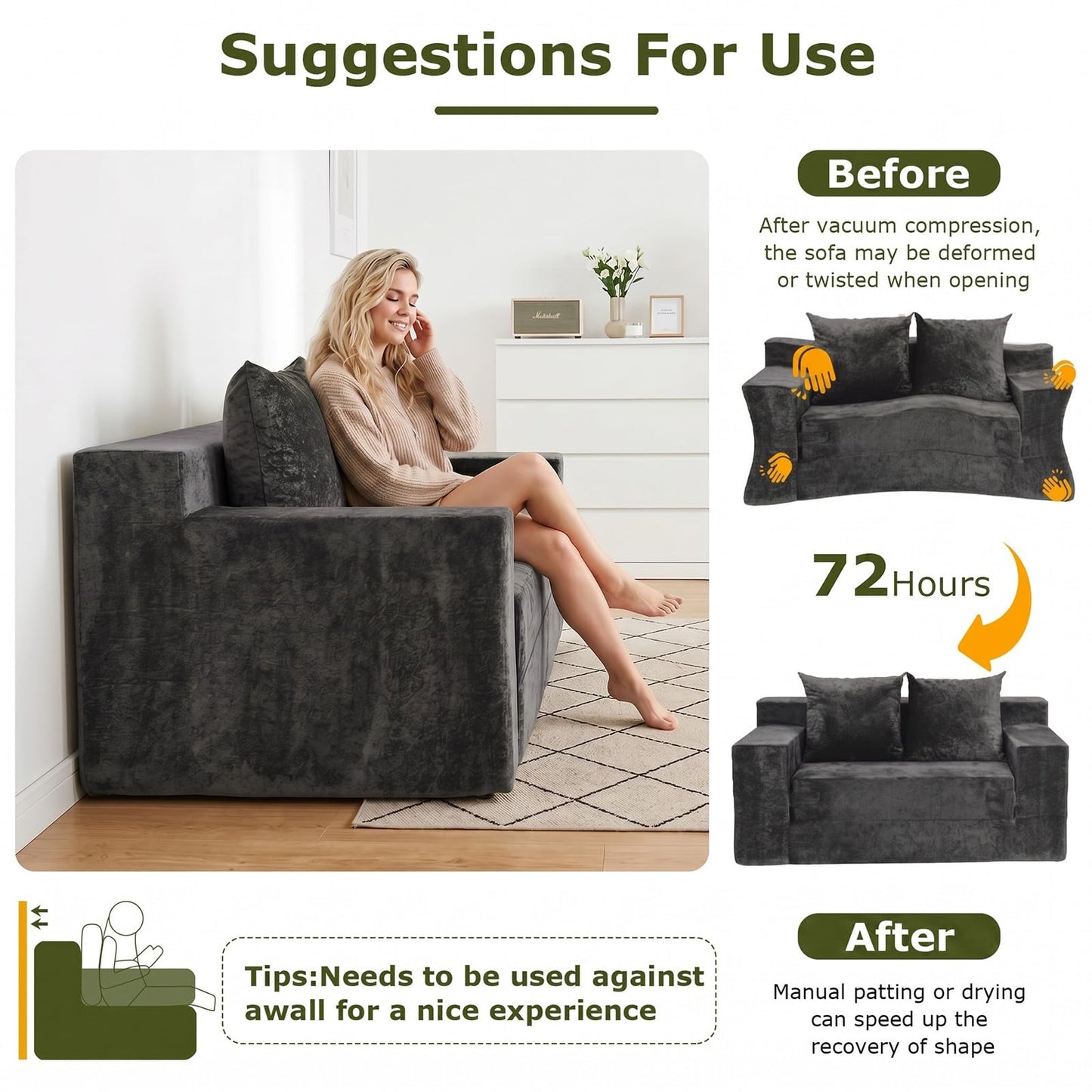 feliz home Boneless Loveseat Couches, Convertible Sofa Bed Folding Couch Bed, Boneless Chair Bed & Futon Sofa Bed, Small Pull Out Couch Foldable with 4 Pillows for Living Room, Dark Grey