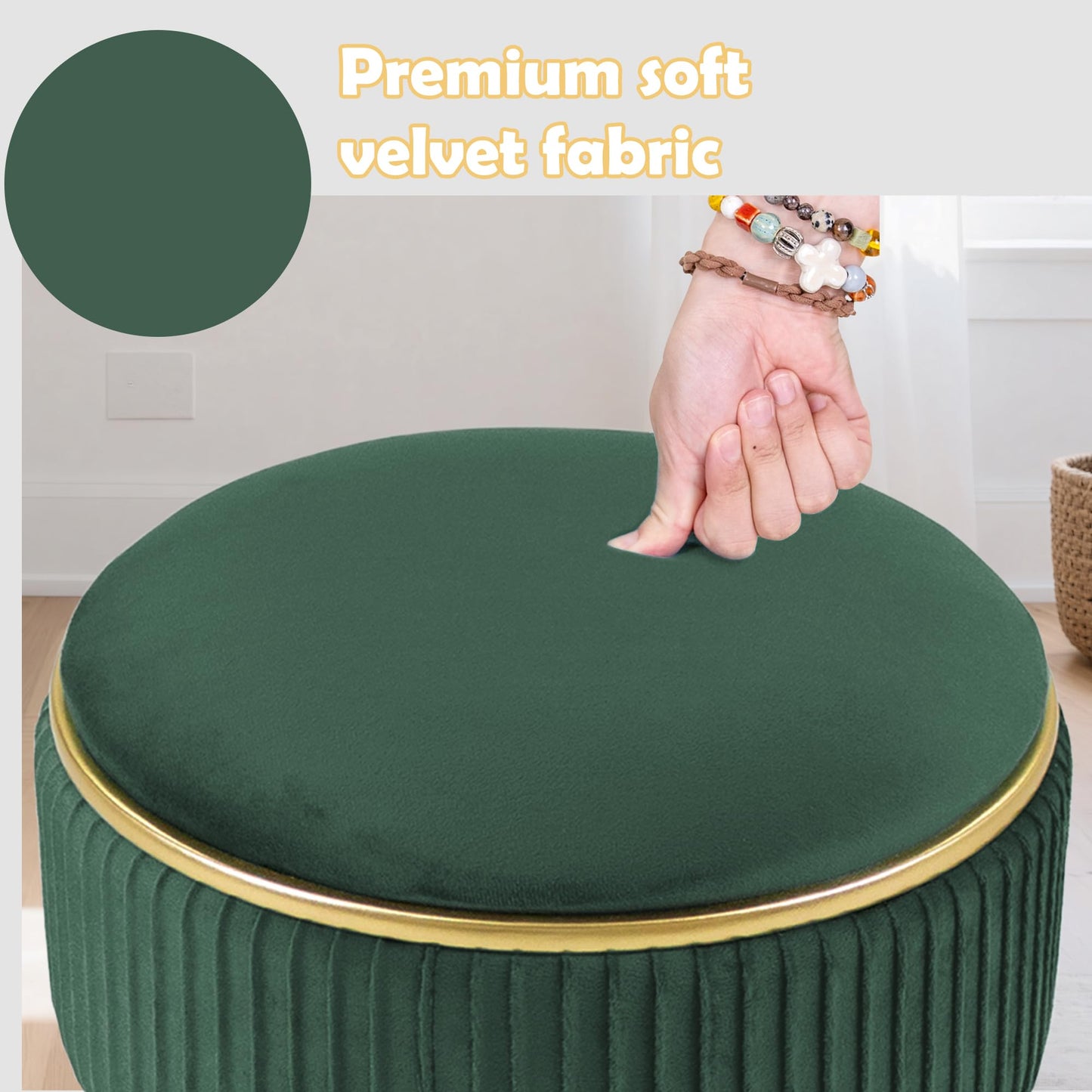 MRITWAII Adjustable Vanity Stool with Storage, 360° Swivel Makeup Stool Chair Small Velvet Round Ottoman with Gold Base for Bedroom, Green