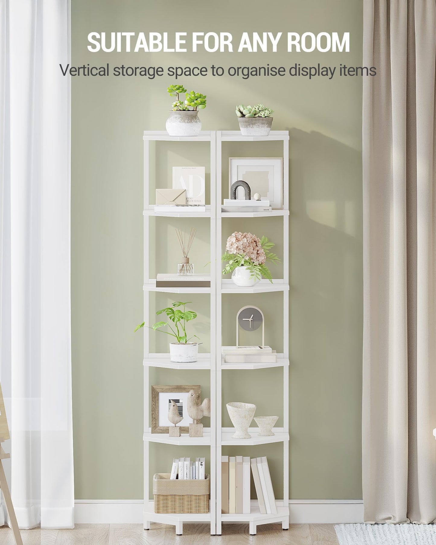 Hzuaneri Corner Shelf Stand, Corner Bookshelf, Storage Standing Shelf Unit with Metal Frame, Plant Stand, Bookcase for Living Room, Home Office, Bedroom, 6-Tier White CS06013W