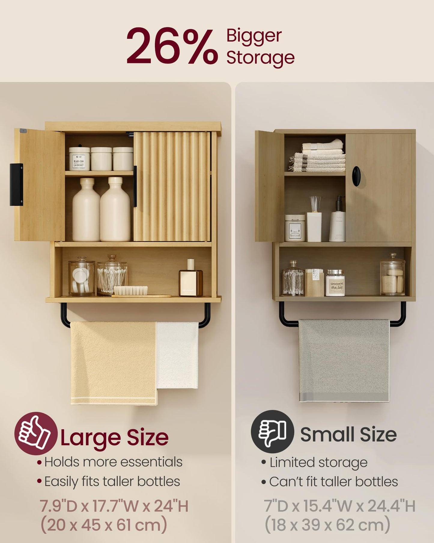 VASAGLE MAXE Collection - Bathroom Cabinet Wall Mounted, Over Toilet Hanging Cabinet with Adjustable Shelf, Towel Bar, Fluted Doors, 7.9 x 17.7 x 24 Inches, Transitional, Oak Beige UBBK137Y01S
