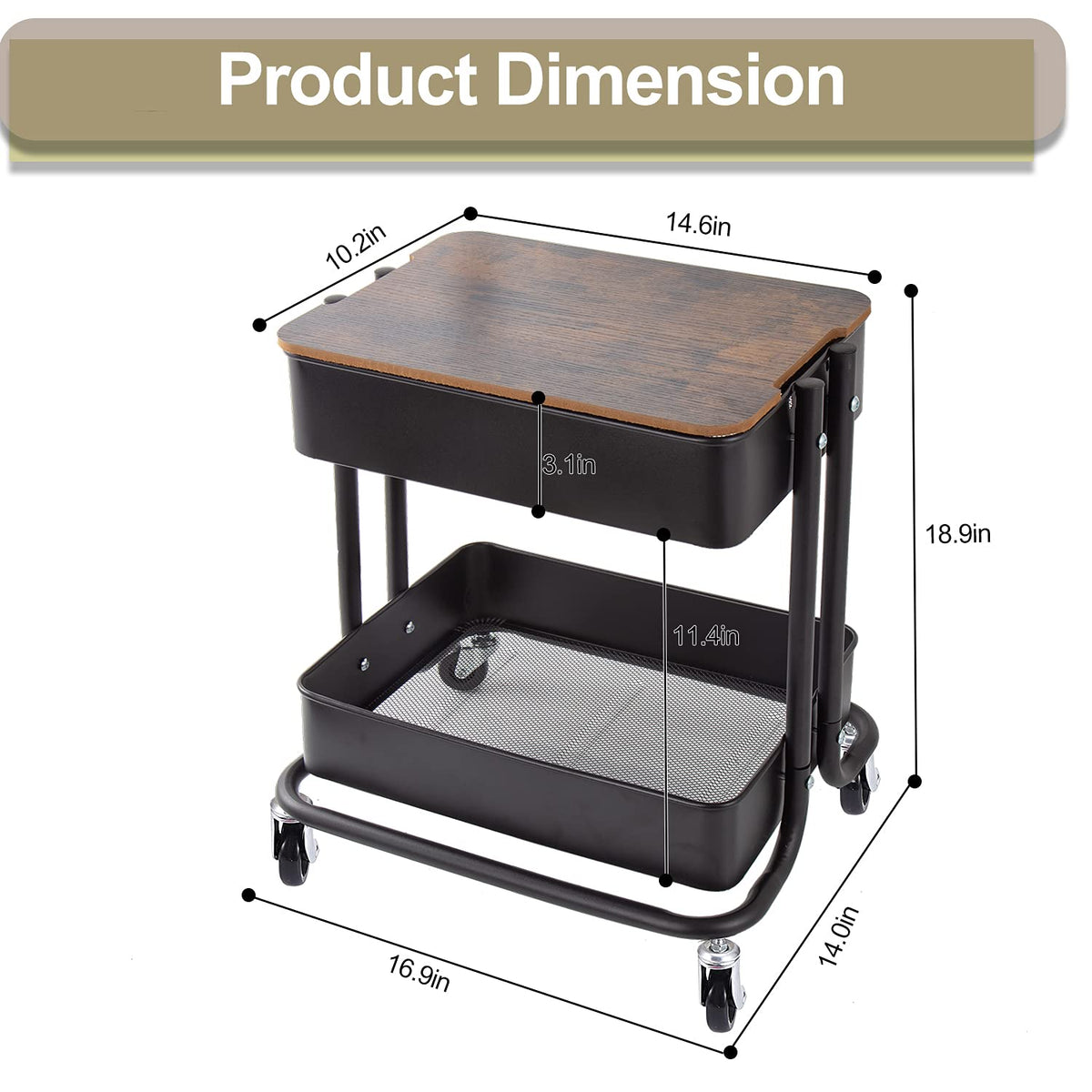 Melody House 2 Tier Metal Utility Rolling Cart Storage Organizer with Cover Board, Mobile Trolley Sofa Side Table with Wheels for Office Home Kitchen Organization, Black