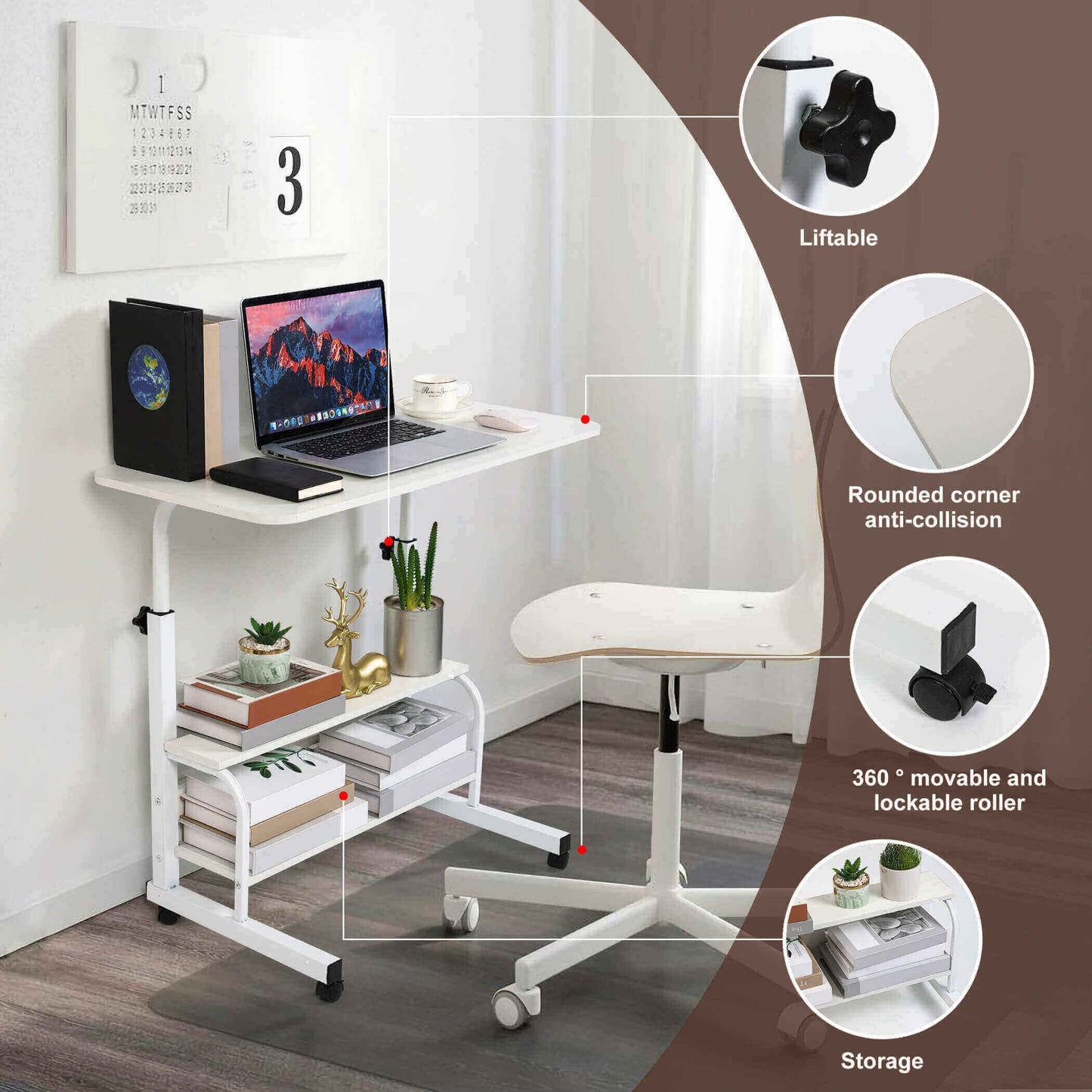 Fuwobriva Computer Desk Adjustable Home Office Bedside Small Spaces Storage Convenient Universal Movable Table Detachable Wheels Living Room Sofa Furniture Size 15.7 * 31.5 Inch,White