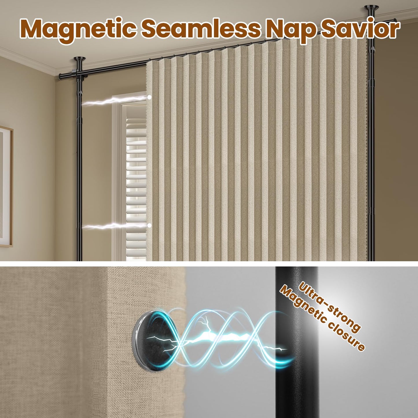 100% Blackout Room Divider Curtains Sets Beige 2 Panels W100 x L84in No Drill Curtain Rods(H) 43-120×(W) 35-200 in for Studio Apartment Dorm Office