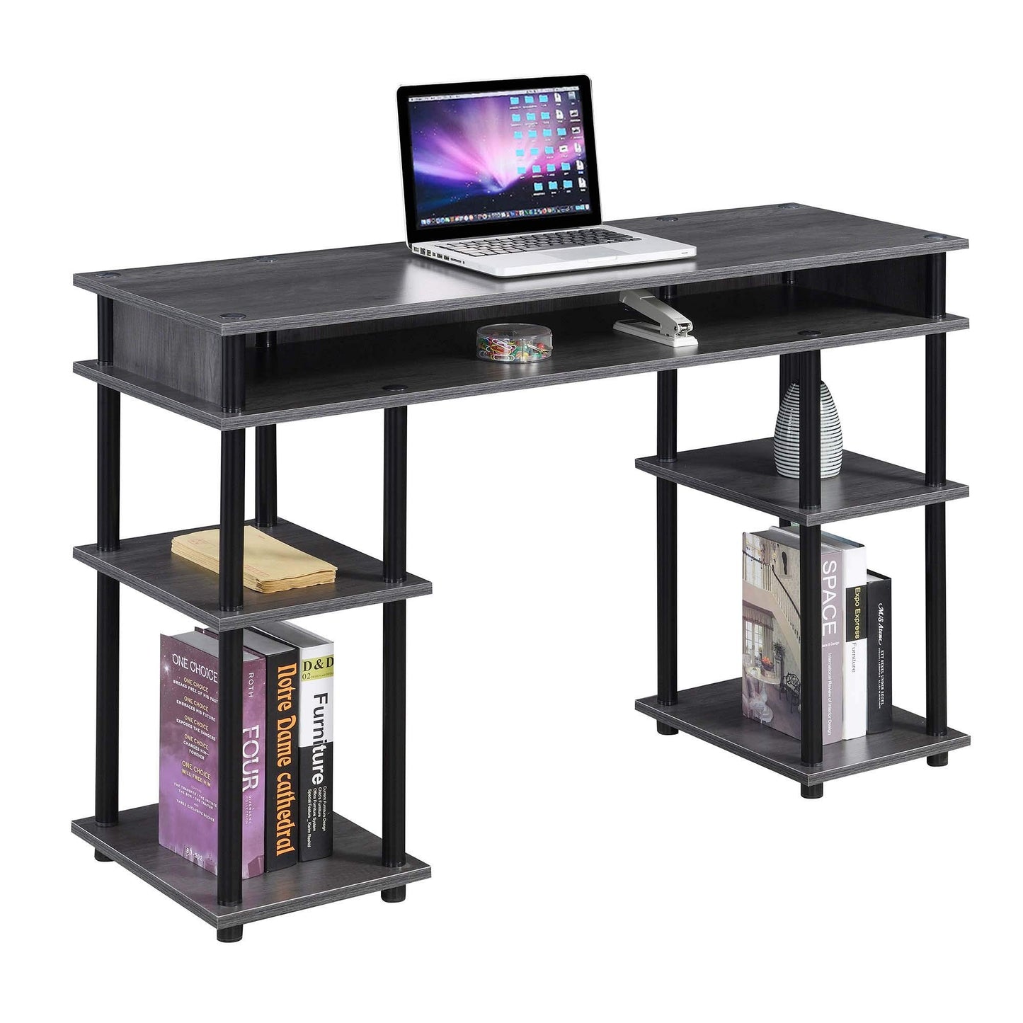 Convenience Concepts Designs2Go No Tools Desk Home Office Desk with Shelves, Corner Shelf Vanity Desk Computer Desk Nail Table for Nail Tech - 47.25" L x 15.75" W x 30" H, Charcoal Gray/Black