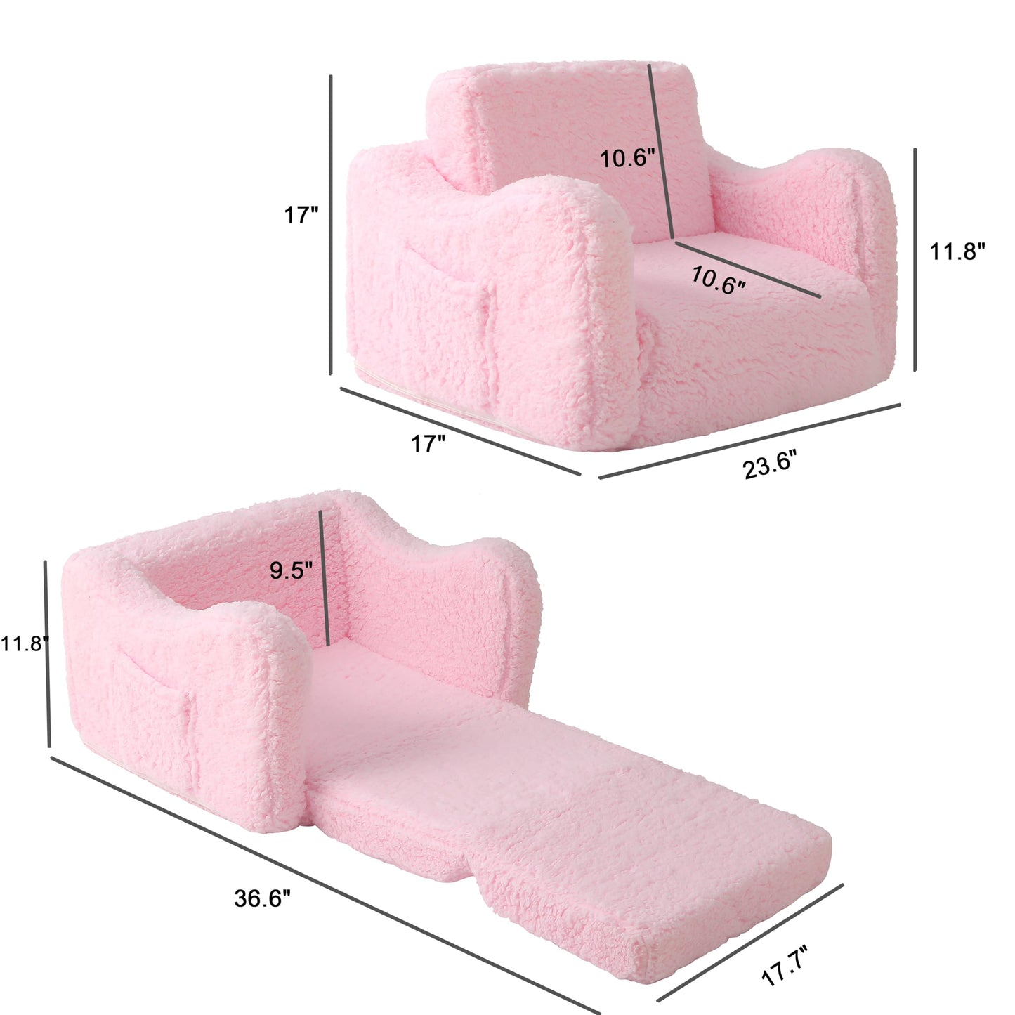 Toddler Couch 2-in-1 Flip Open Convertible Sherpa Kids Sofa Chair, Pink