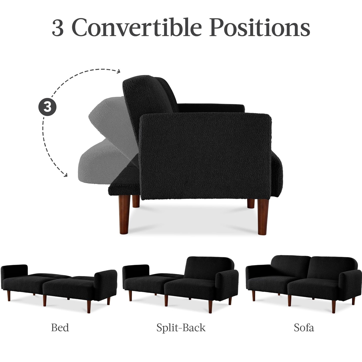 Best Choice Products 77" Mid Century Modern Boucle Loveseat Sofa, Couch, Convertible Sofa Sleeper Bed w/Real Wood, Removable Armrest - Midnight Black