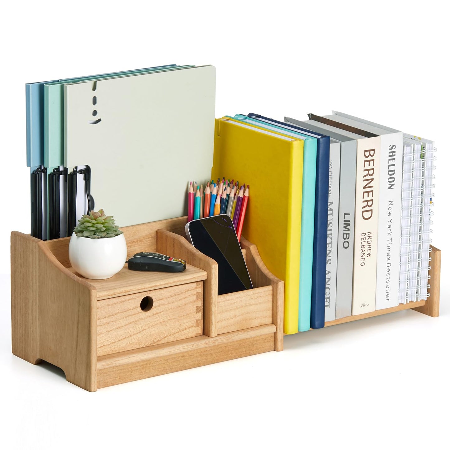 KIRIGEN Desktop Bookshelf Organizer with Drawer, Expandable Wood Desk Shelf, Fully Assembled Book Rack for Office Supplies, Files and Notebooks, Brown, 12.24 to 22.7 in Adjustable Width, SSSJ-S-NA