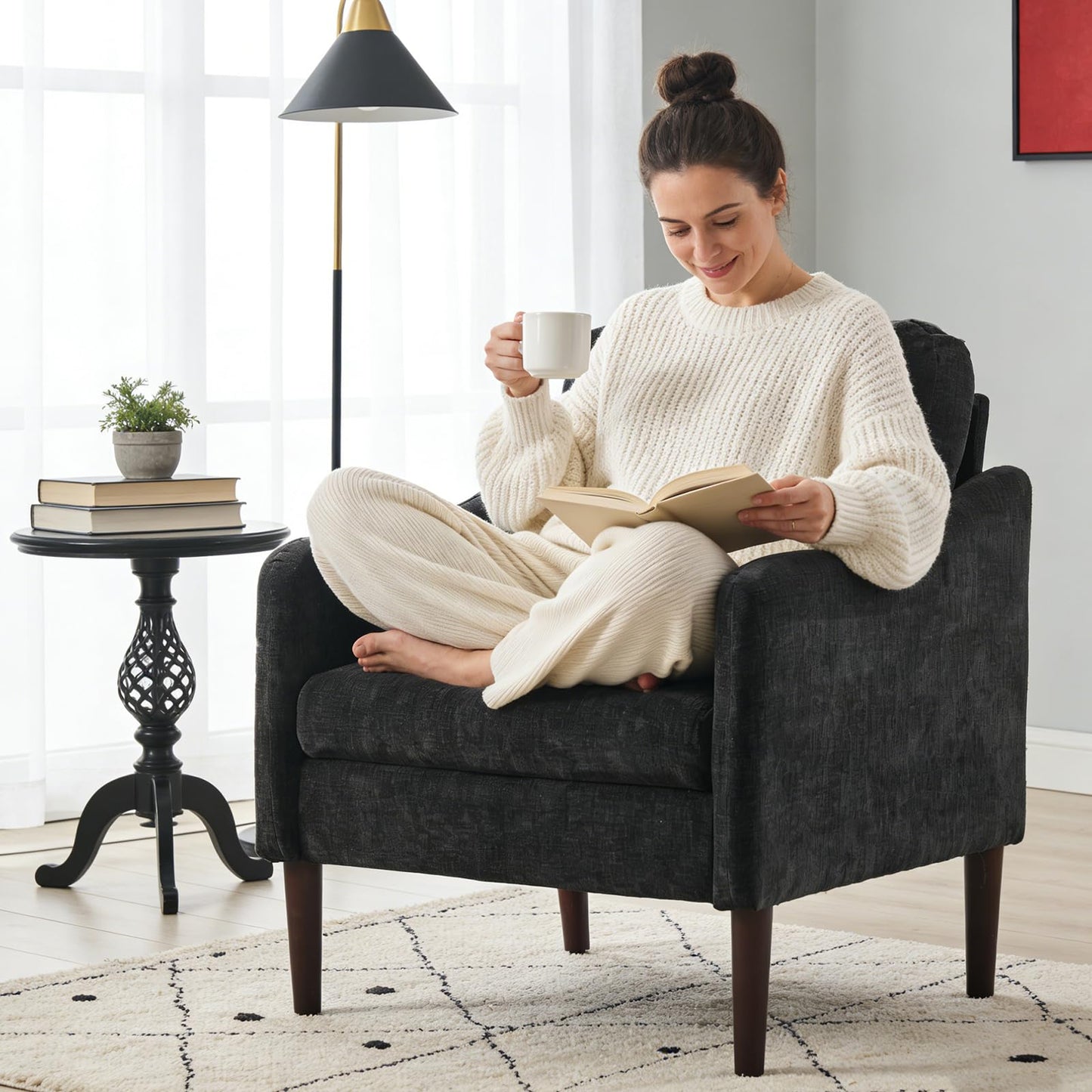 Mid-Century Modern Side Chair, Chenille Fabric Curved Armchair for Adults, Comfy Reading Chair, Modern Cloud Single Sofa Accent Chair for Bedroom, Living Room, Office & Waiting Room,Black