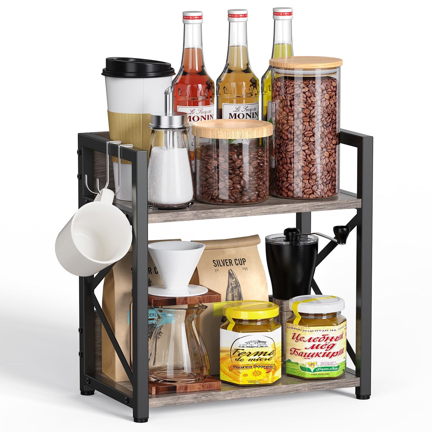 Kitchen Countertop Organizer, Coffee Bar Station Organizer for Countertop, 2 Tiers Kitchen Counter Shelf, Wooden Spice Rack Organizer, Space Saving Desk Shelving Riser Unit