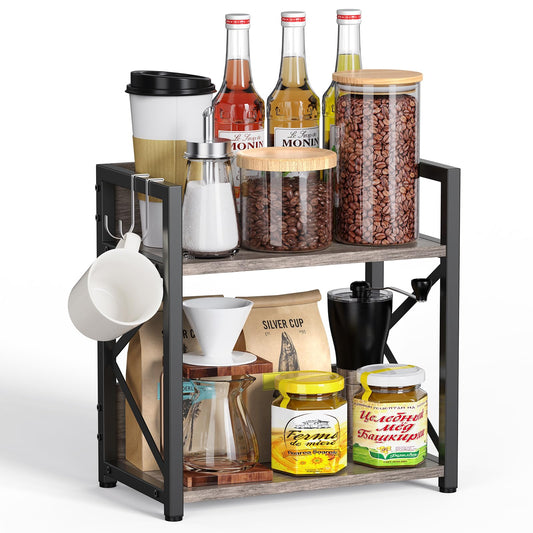 Kitchen Countertop Organizer, Coffee Bar Station Organizer for Countertop, 2 Tiers Kitchen Counter Shelf, Wooden Spice Rack Organizer, Space Saving Desk Shelving Riser Unit