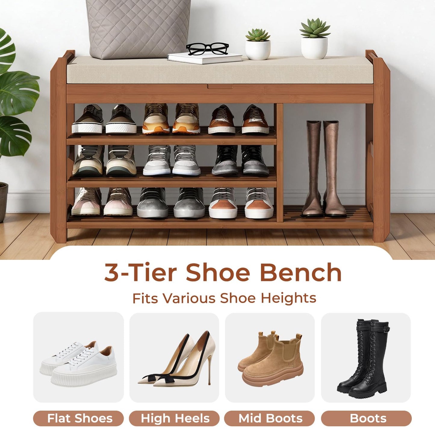 ACSWOD 39.4" Bamboo Shoe Bench with Cushion, 6 Hooks Coat Rack, 3-Tier Adjustable Storage Bench for Entryway, Heavy Duty Shoe Rack Organizer with Removable Soft Cushion for Living Room Bedroom Hallway
