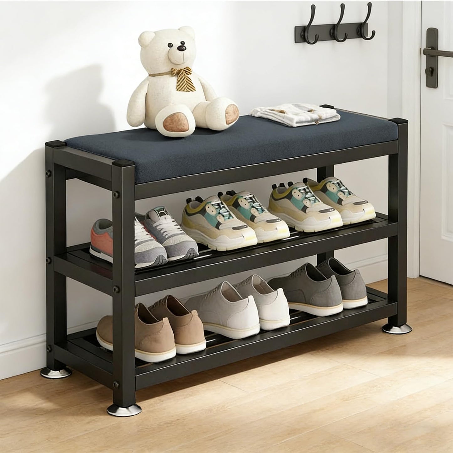 PQSQRJU 2-Tier Shoe Bench with Padded Cushion, 12-Pair Entryway Storage with Sturdy Metal Frame, Space-Saving Shoe Rack with Seat, Gray, 31.9x12x19.3 Inches
