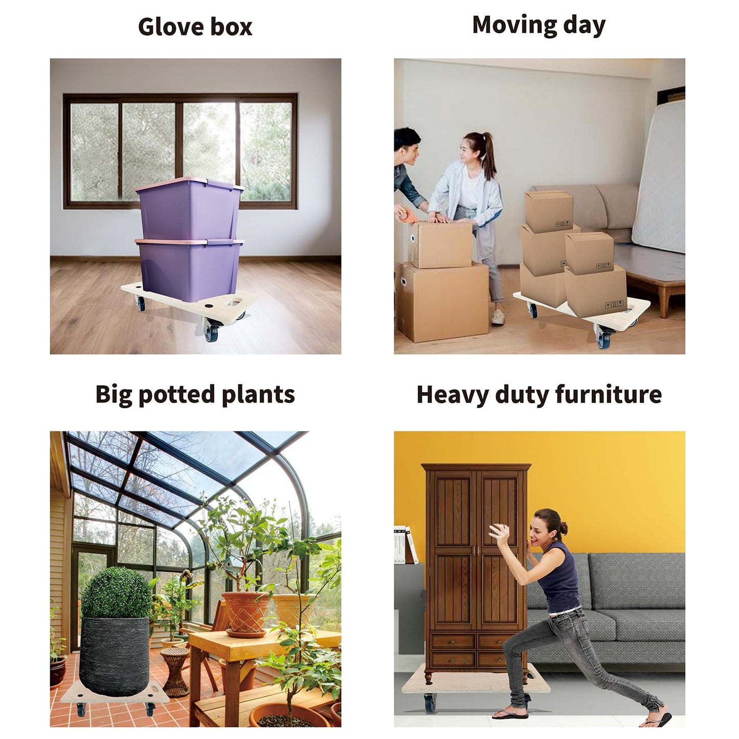 Furniture Mover Dolly Portable Wood Rolling Mover for Heavy Furniture Sofa Cabinet Refrigerator, with 4 360° Rotatable Rubber Universal Wheels, 551 Lbs Capacity, Black (Hardwood Rectangle)