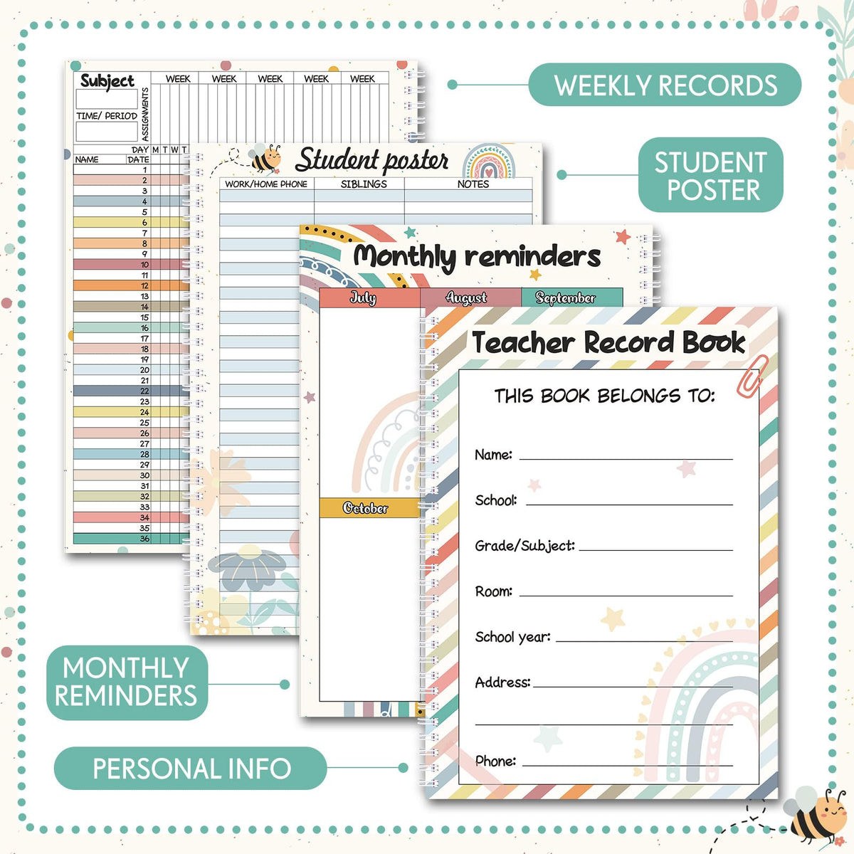 Fuyoooo Teacher Record Book 2026-2027 Spiral Bound Pencil Grade Book for Teachers Lesson Planner Attendance Books for School Classroom 8x11 Double Sided Boho Design Teacher Appreciation Gift